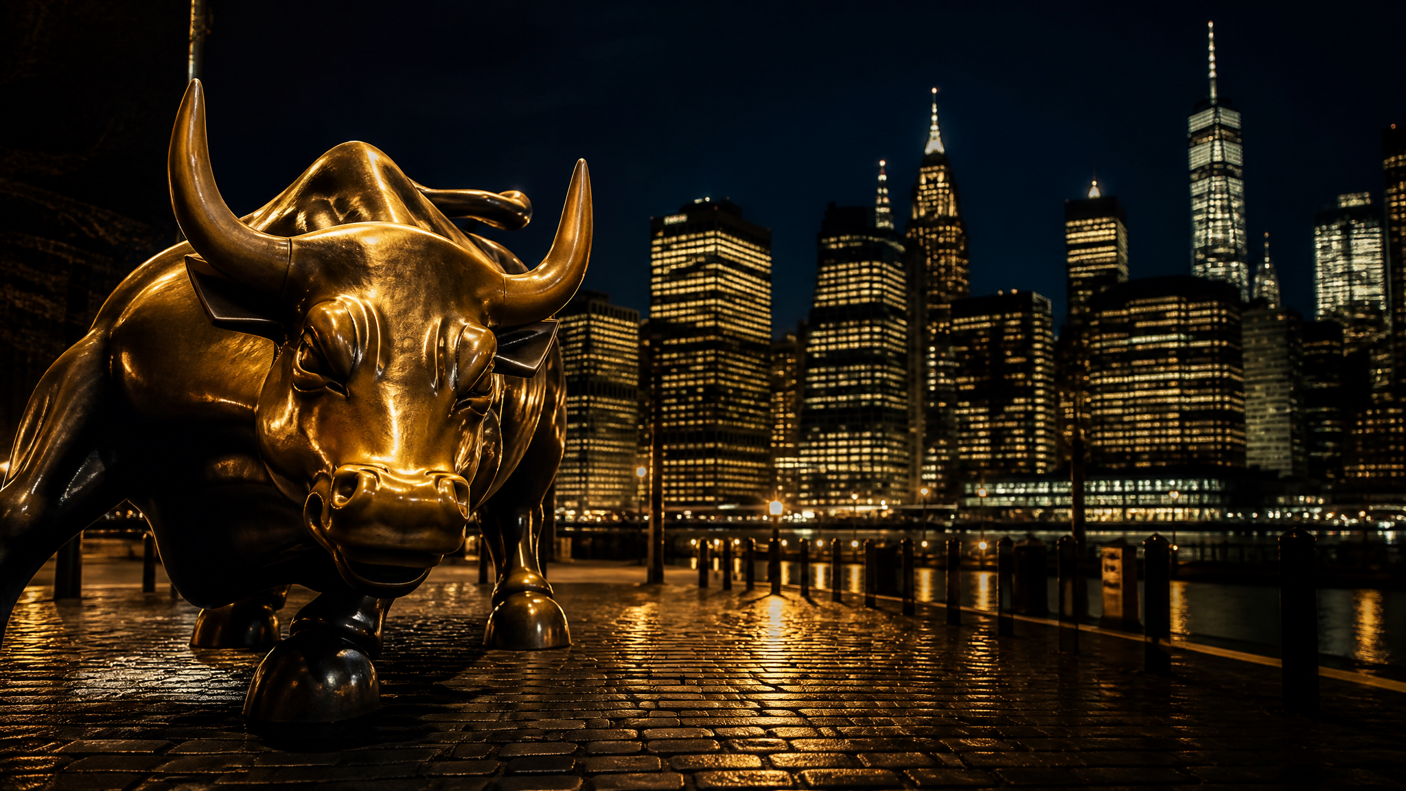 Touro de Wall Street com skyline financeira dourada ao fundo