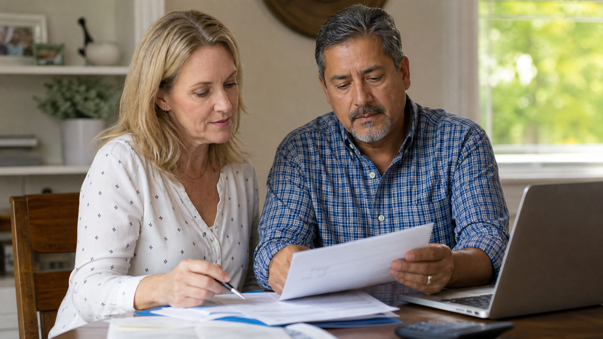 A middle-aged mixed-race couple reviewing insurance paperwork together at home