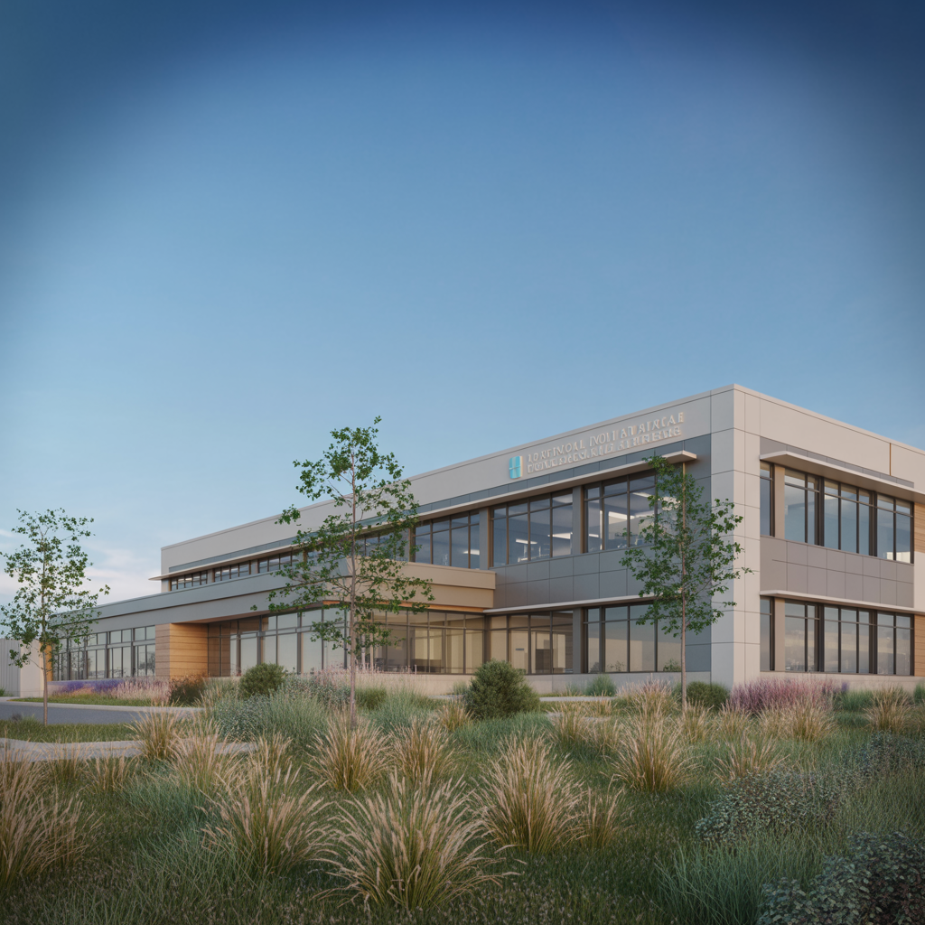 Modern medical office building exterior in Kansas with landscaping and clear sky