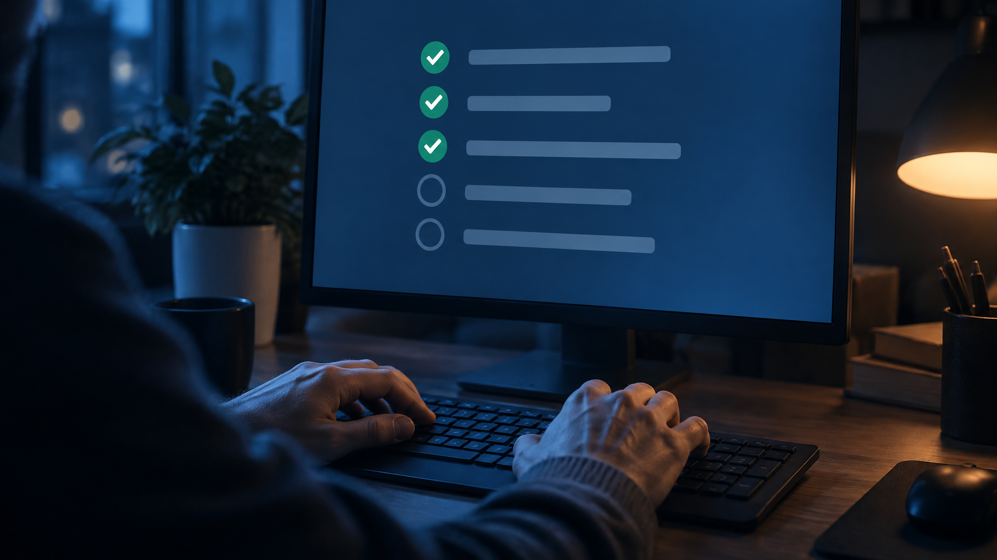 Tela de computador com lista de tarefas sendo marcadas como concluídas