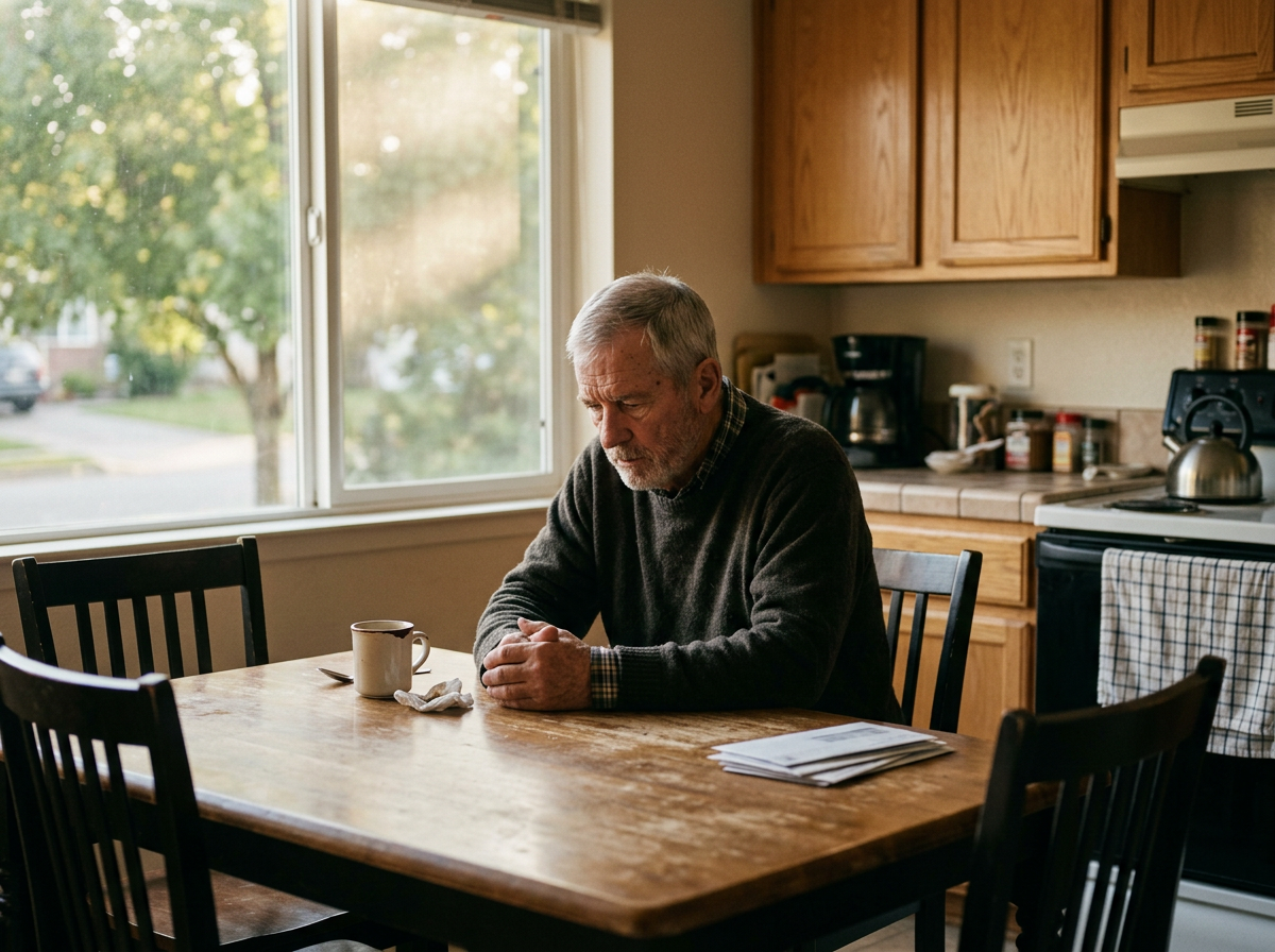 An older veteran sitting alone at a kitchen table looking withdrawn and isolated