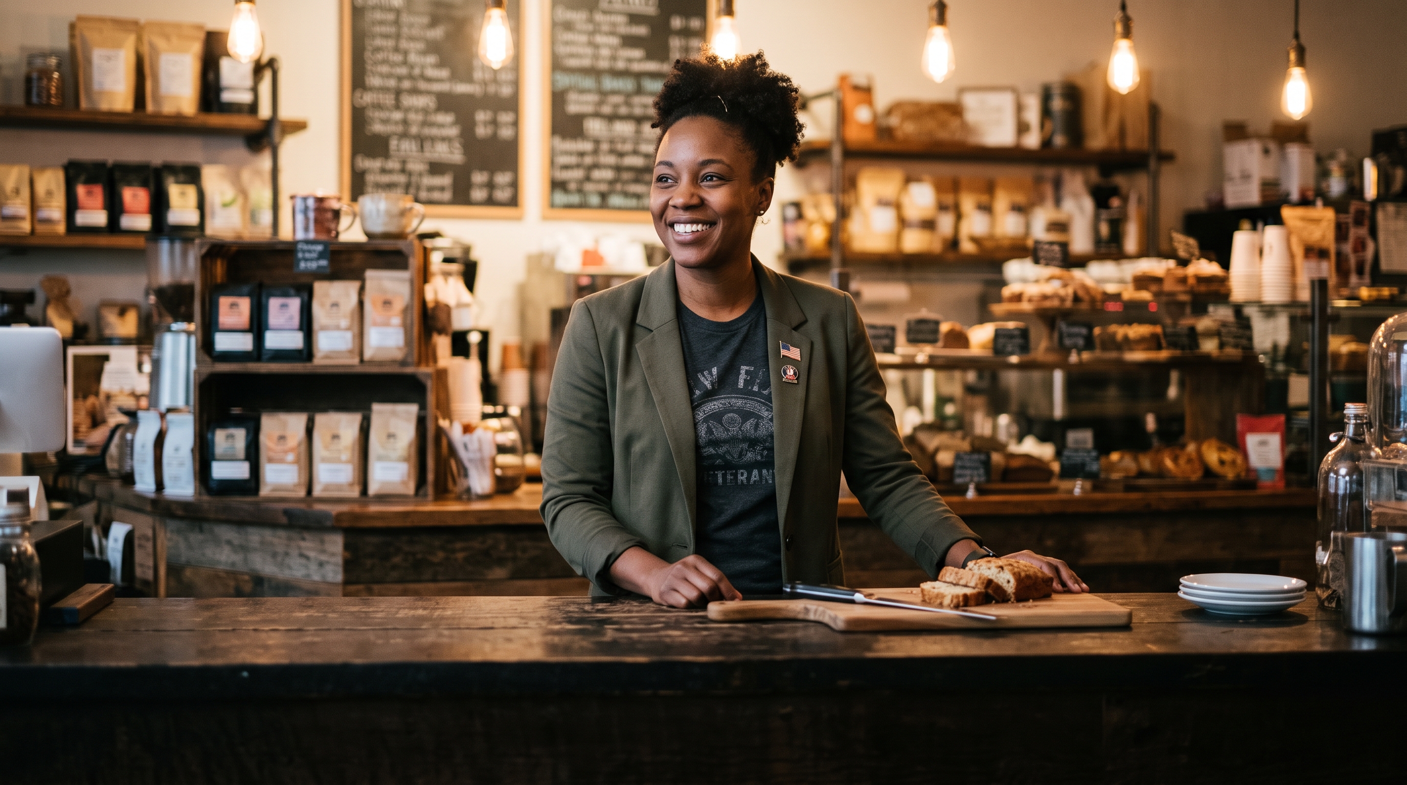 A veteran running her own small business, standing proudly behind the counter