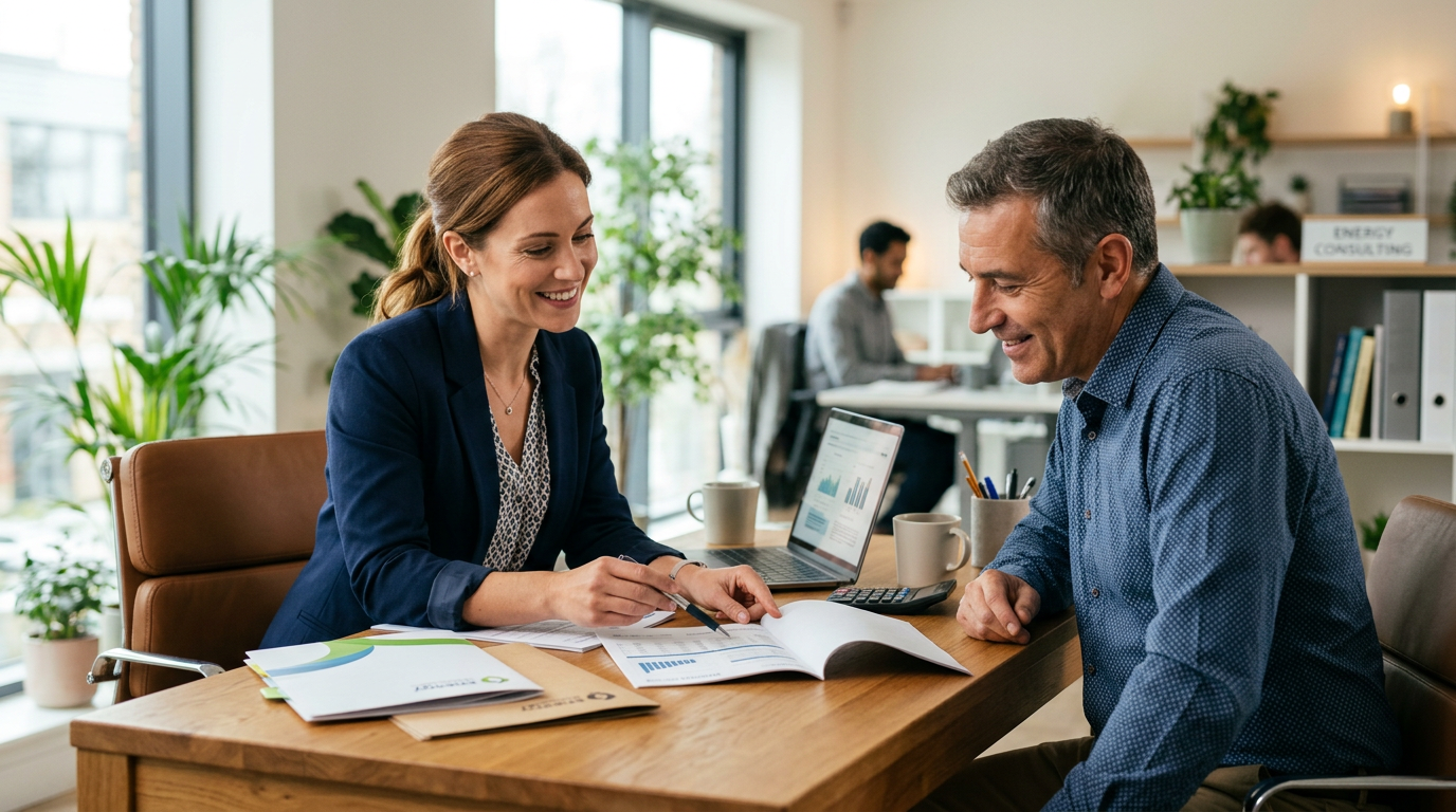 Energy consultant reviewing bills with a client