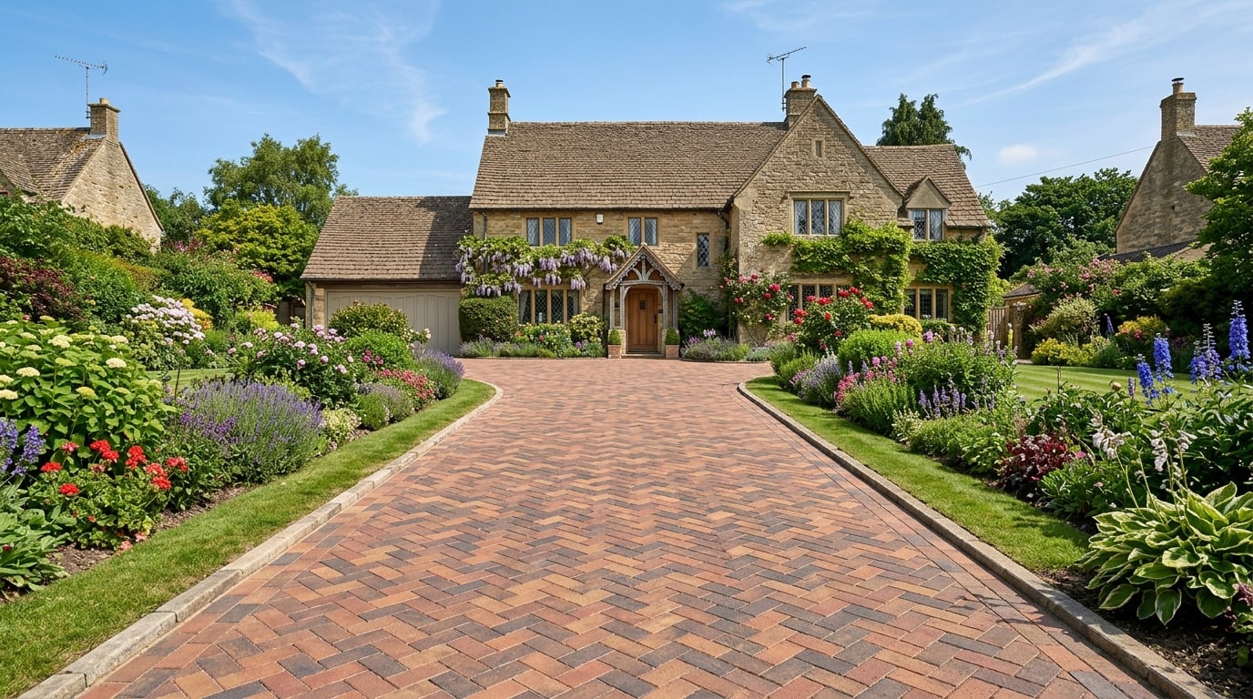 Completed herringbone block paving driveway