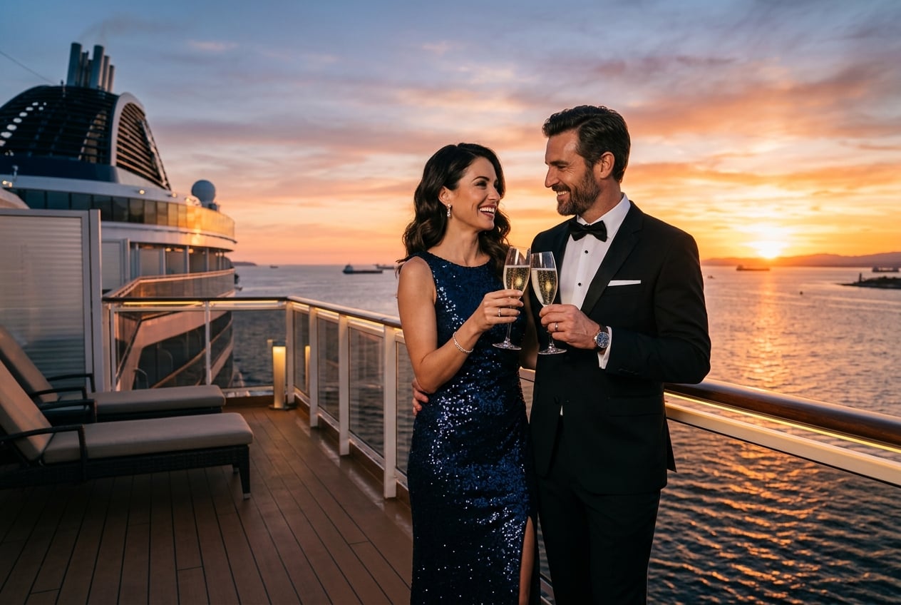 Couple toasting champagne on a cruise ship balcony at golden sunset