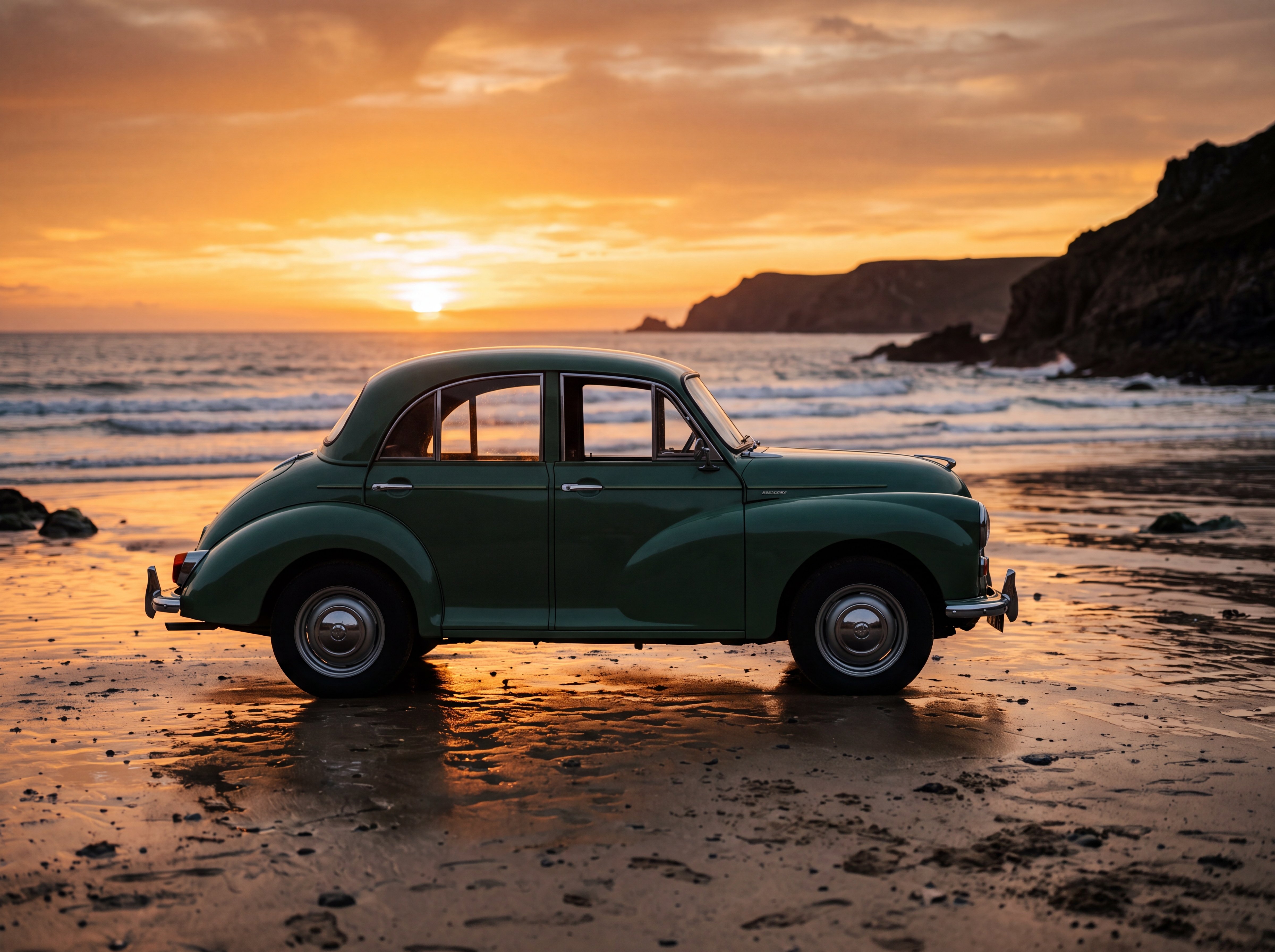 1967 green Morris Minor silhouetted on a Cornish beach at sunset