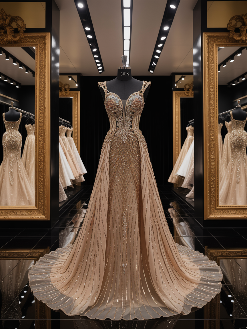 Luxury pageant evening gown displayed in a boutique setting with gold and champagne tones