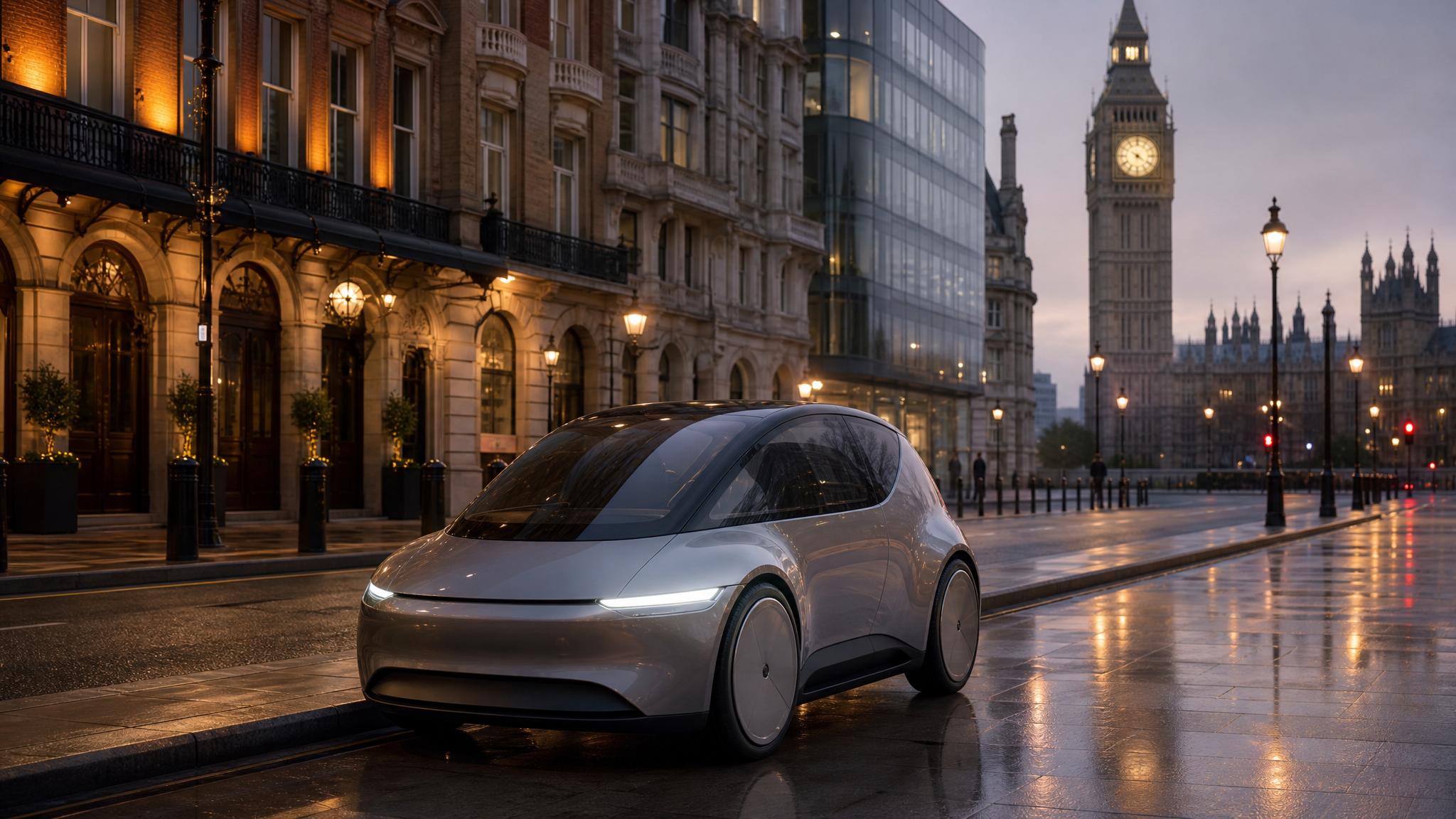Futuristic autonomous electric vehicle on a modern British city street at dusk