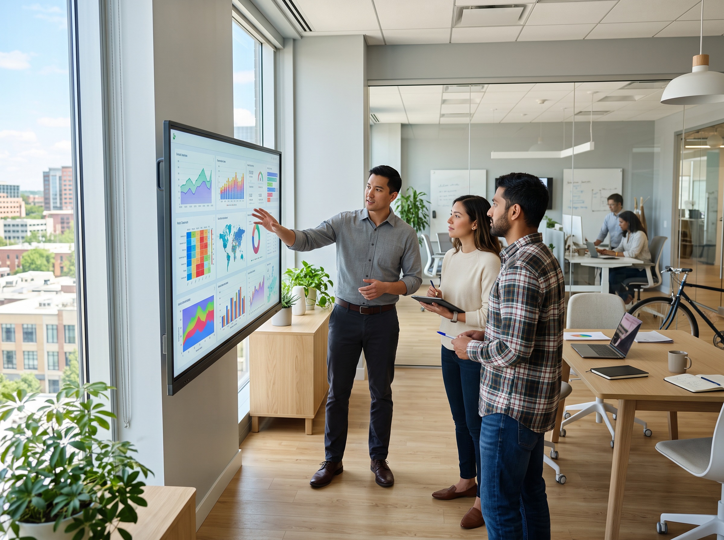 Data scientists reviewing analytics charts and a model dashboard on a large wall-mounted display in a bright, daylit workspace