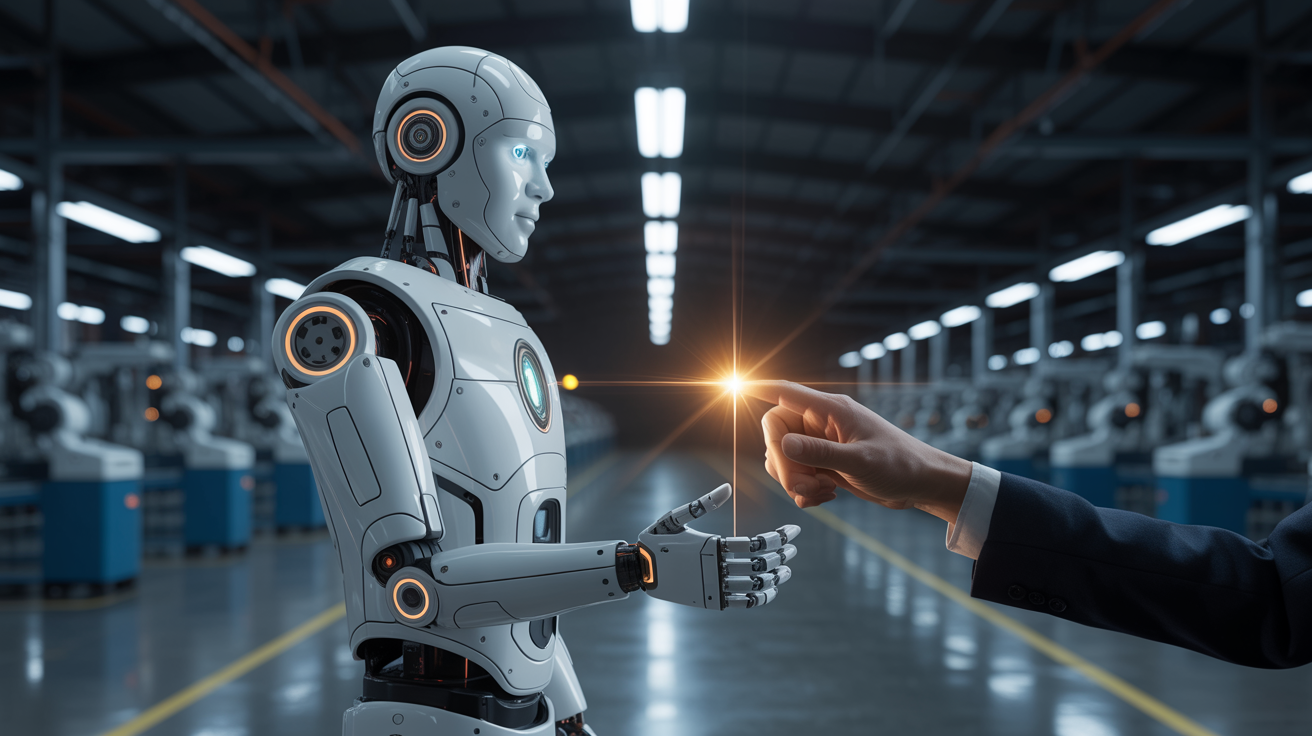Humanoider Roboter in industrieller Fabrikhalle – goldenes Gegenlicht trifft auf menschliche Hand