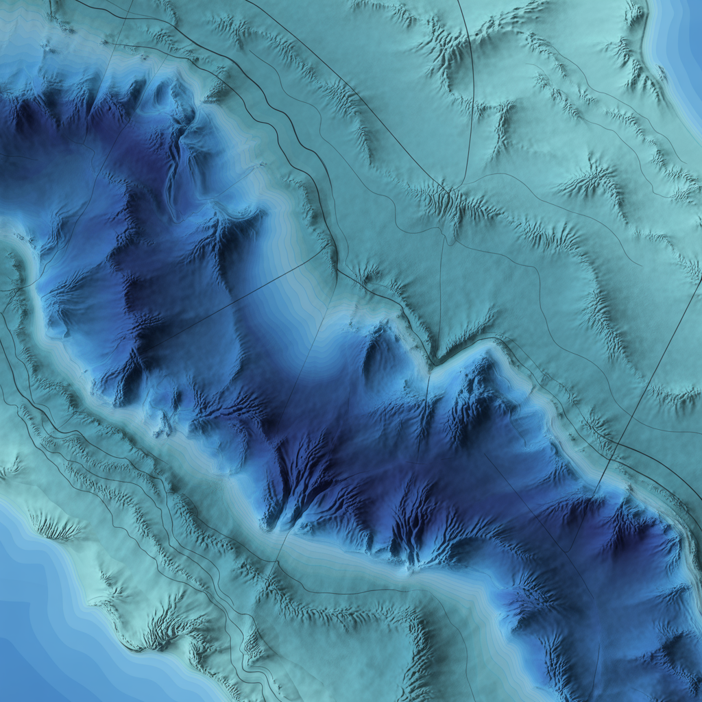 Bathymetric visualization of the Molucca Sea showing ocean trenches and tectonic plates