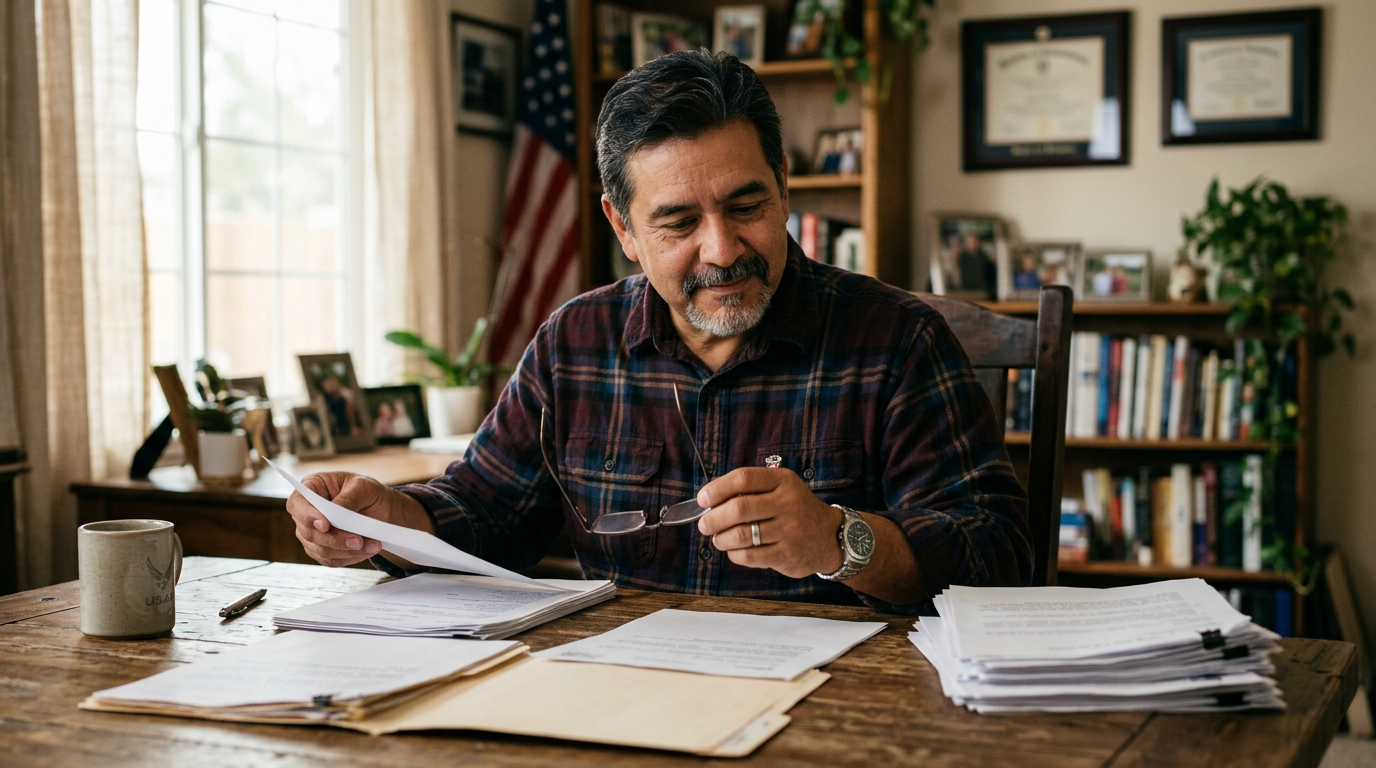 A veteran sorting his paperwork into two piles at his desk
