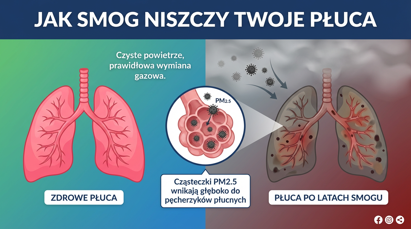 Infografika: Jak smog niszczy płuca - porównanie zdrowych i uszkodzonych płuc
