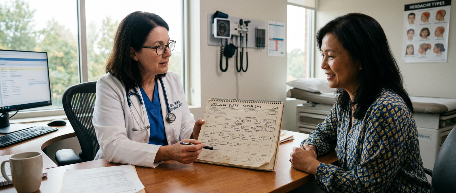 A neurologist reviewing a paper headache diary with a veteran patient at a desk in a clinical exam room