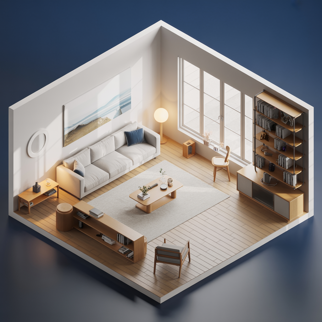 Izometryczny render nowoczesnego pokoju — etap projektowania