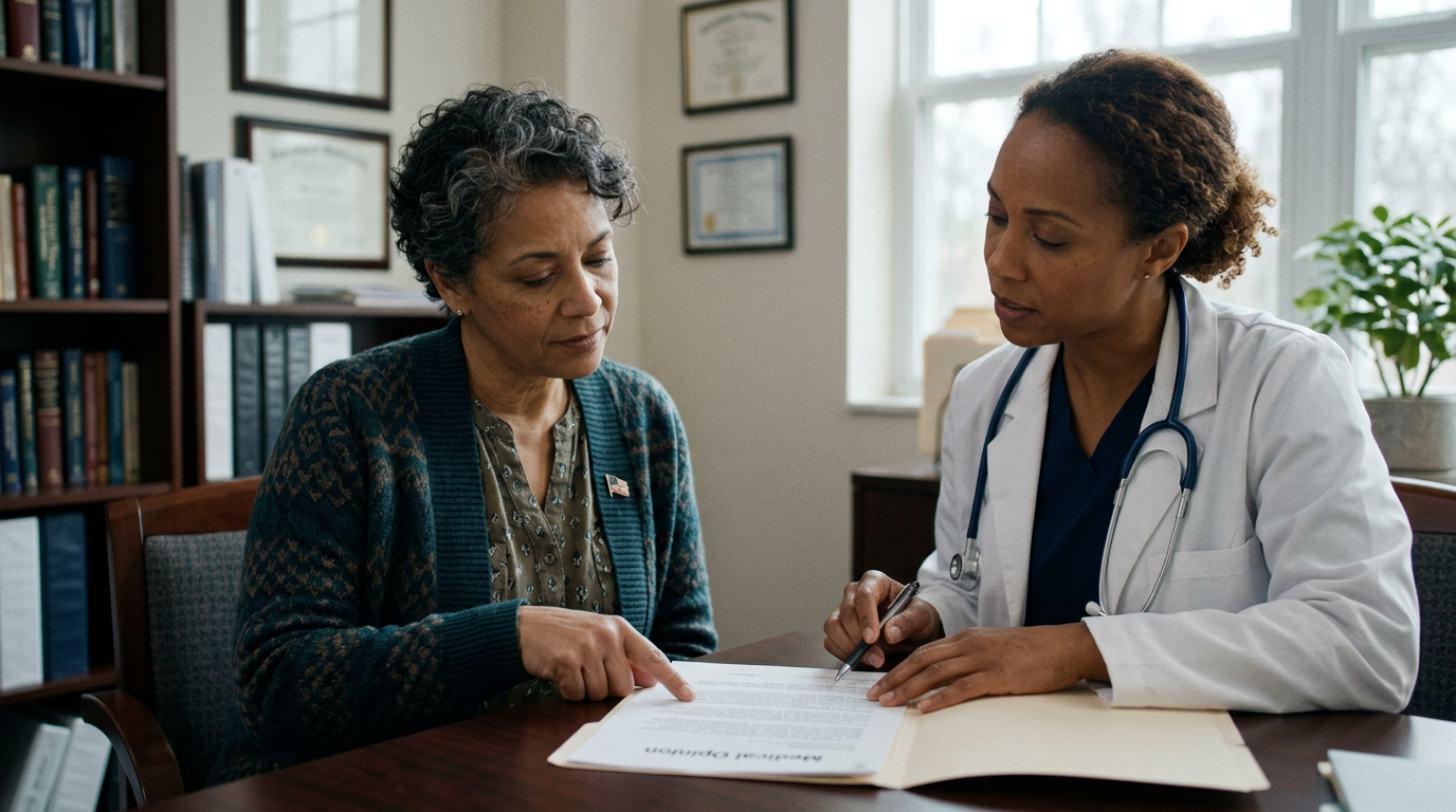 A woman veteran and her female doctor reviewing a medical opinion