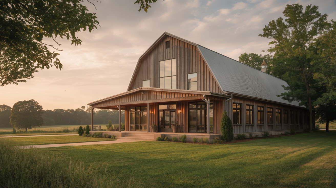 The Hayfield Barn exterior at golden hour