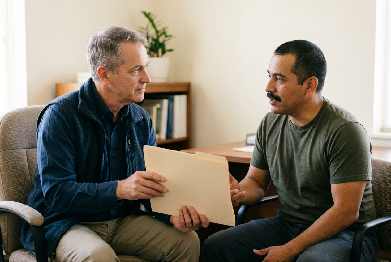 A clinician holding a closed blank manila folder edge-on while discussing a veteran's service history