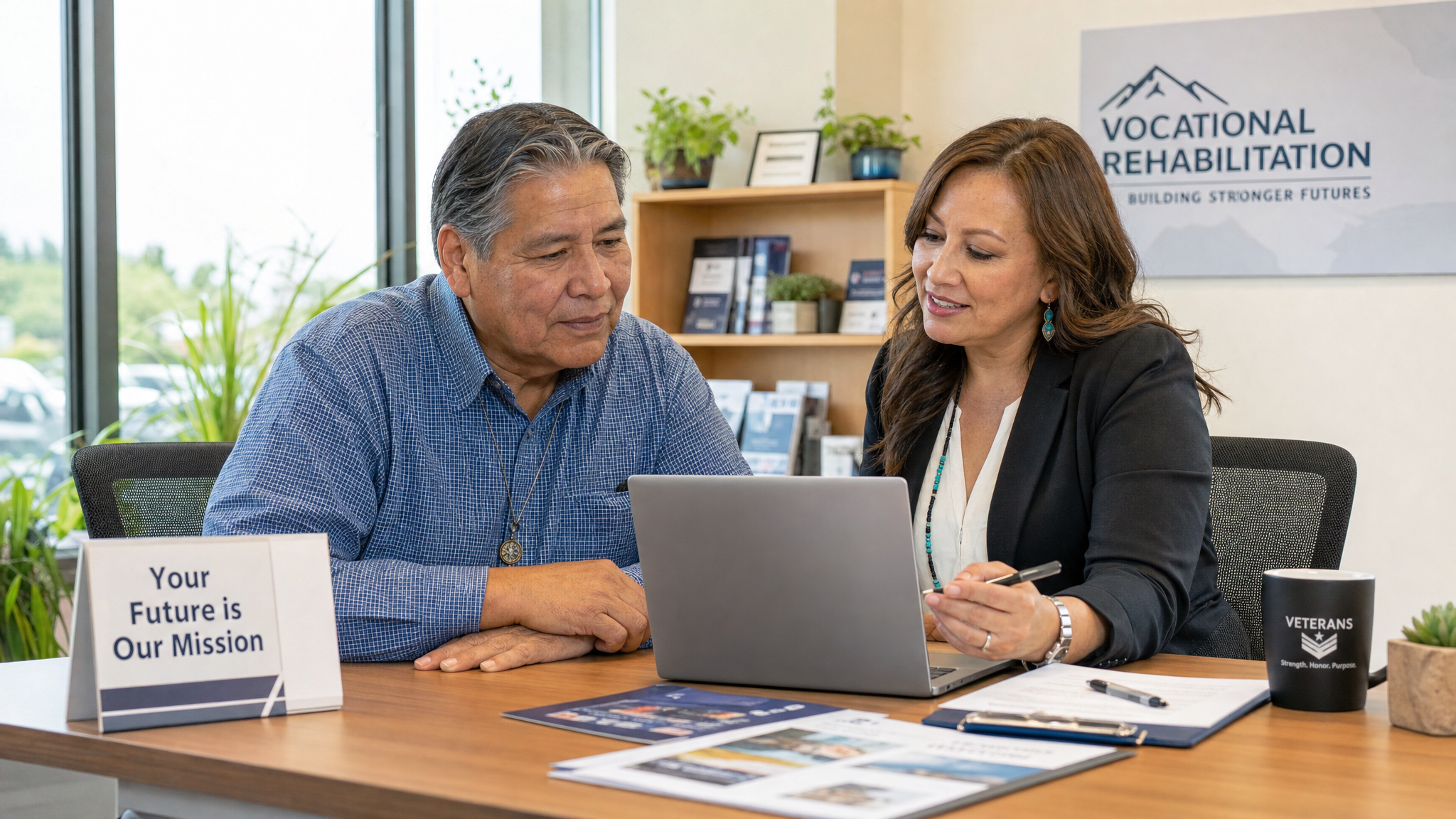 A Native American male veteran meeting with a vocational rehabilitation counselor to plan a new career path