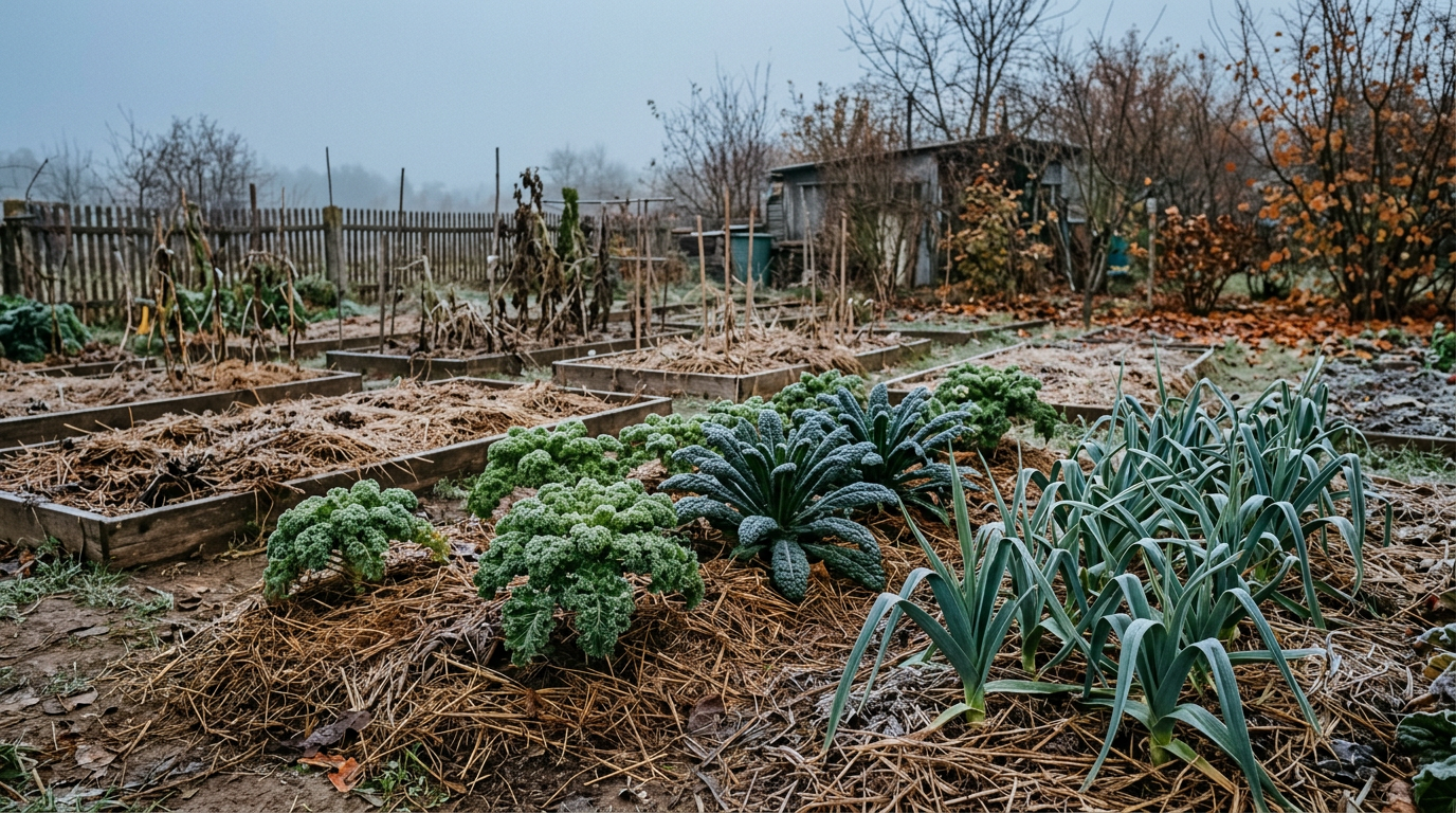November garden — a autumn scene in a temperate Central European vegetable garden