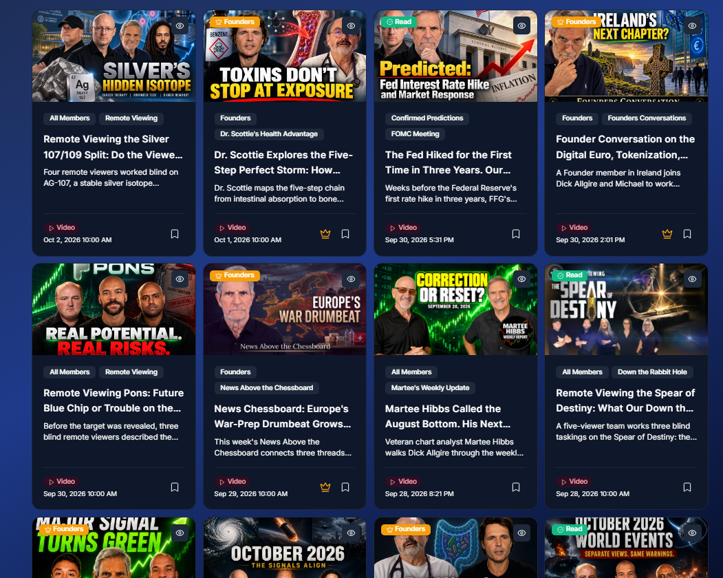 The FFG Private Site content library grid showing recent remote viewing sessions, News Above the Chessboard episodes, and Marty Hibbs market chart updates