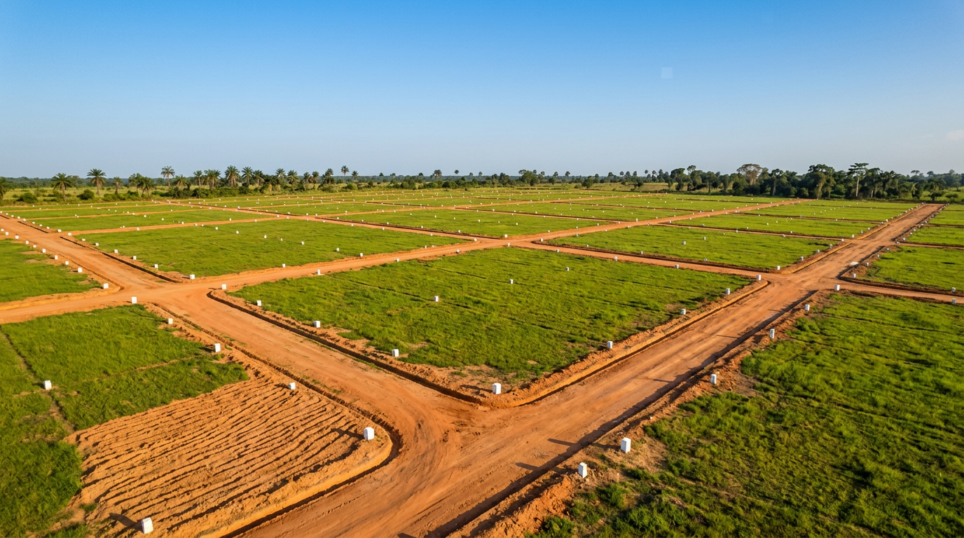 Aerial view of surveyed estate plots with beacons and graded roads