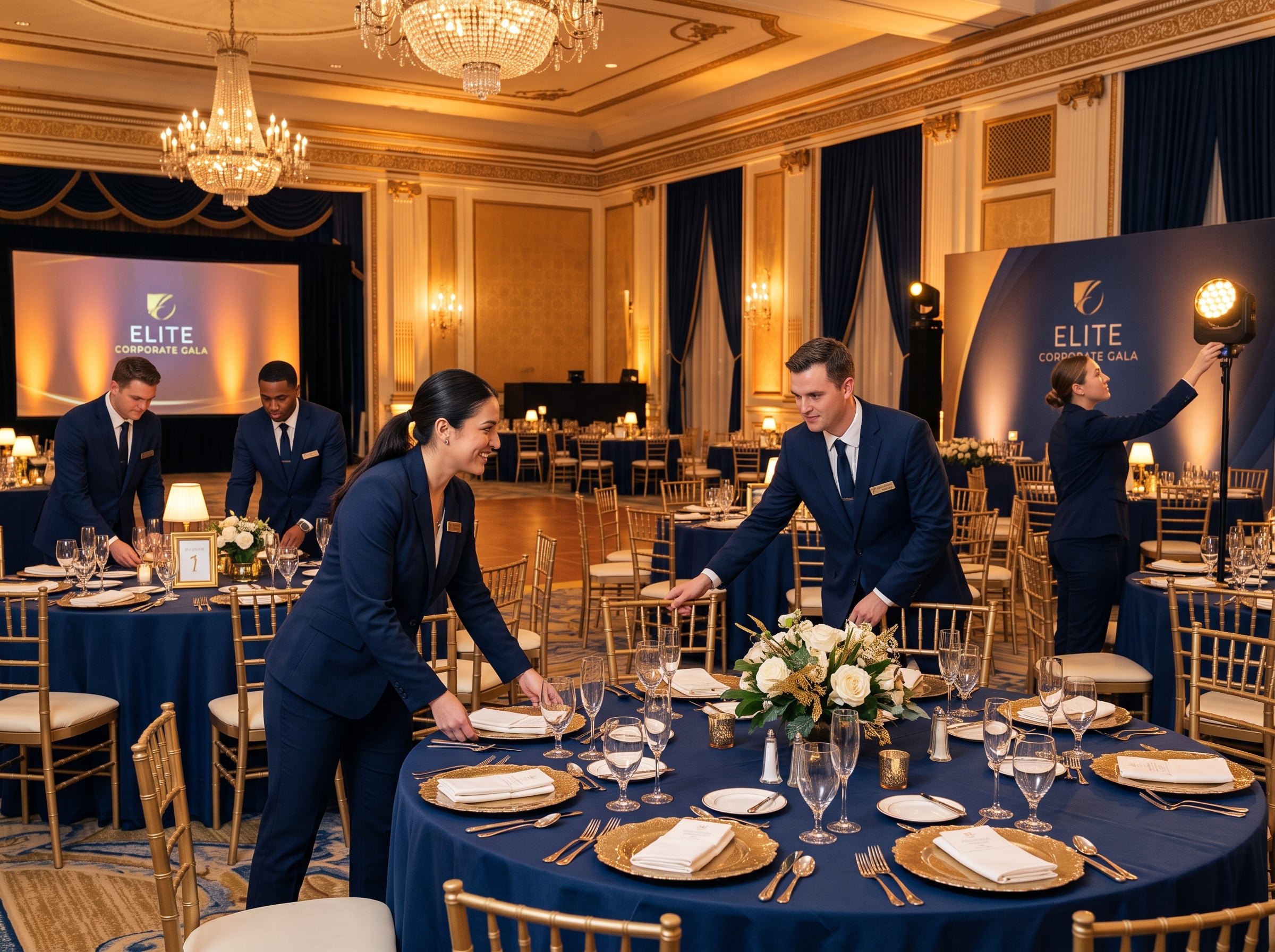 Professional event staff team coordinating setup of an upscale corporate banquet hall