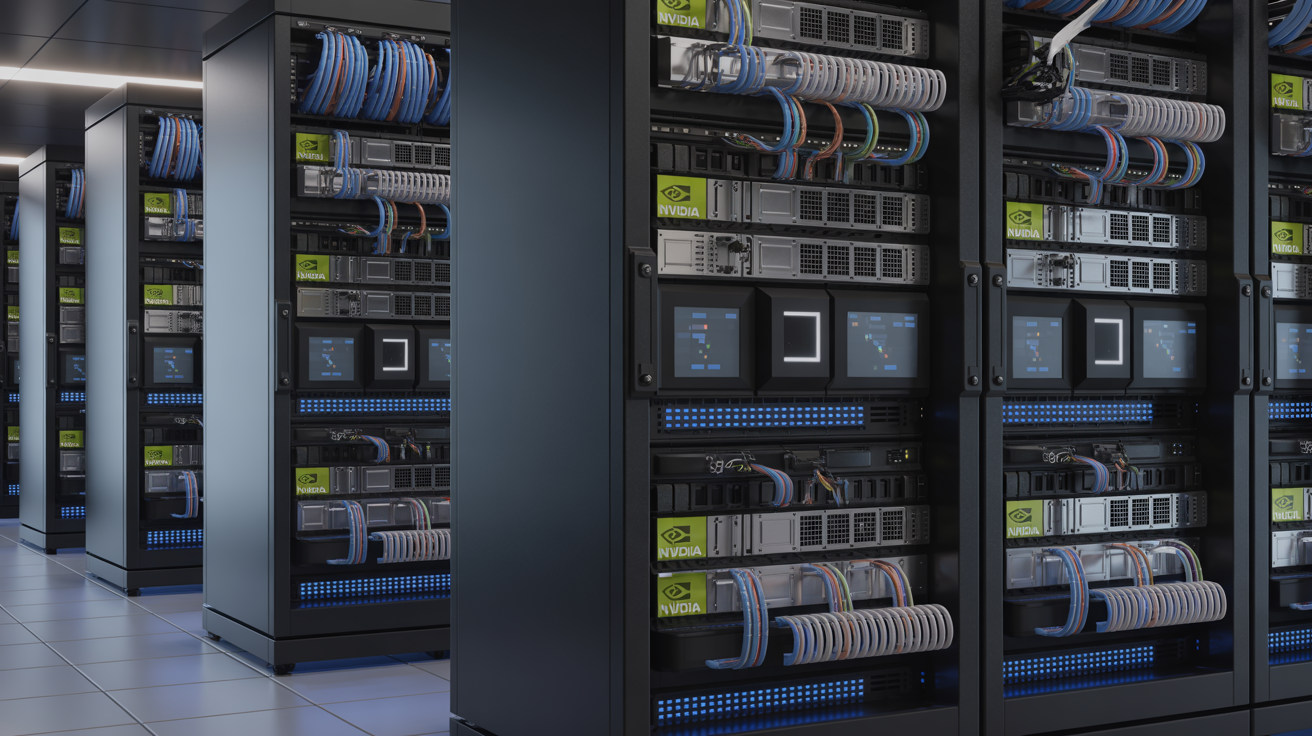 State-of-the-art AI data center showcasing rows of modern GPU servers with blue LED lights and advanced computing infrastructure