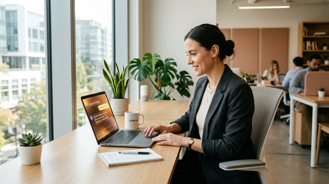 Professional using an AI chat assistant on a laptop in a bright modern workspace