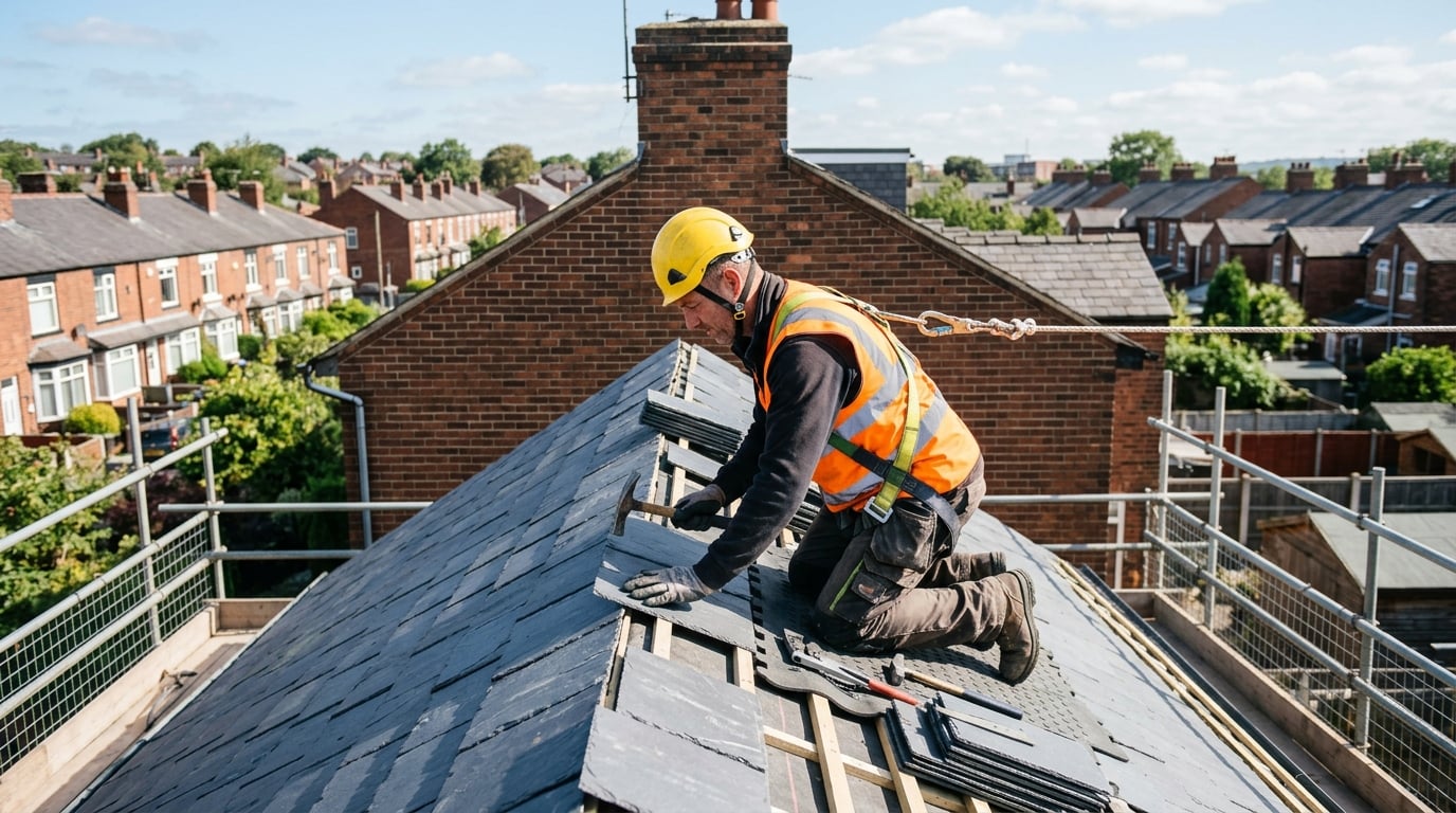 Professional roofer at work on a UK property wearing safety gear