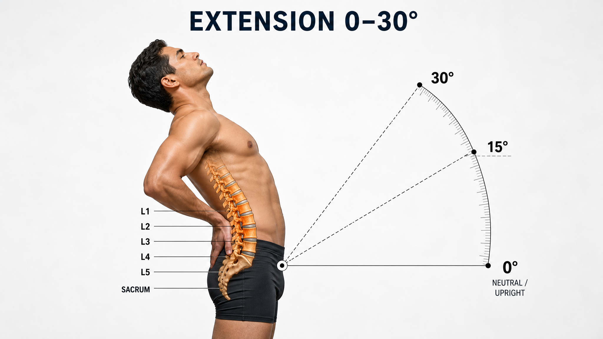 Clinical illustration of lumbar extension — a male figure leaning the trunk backward with the L1–L5 spine and sacrum overlaid and a goniometer protractor arc measuring the angle