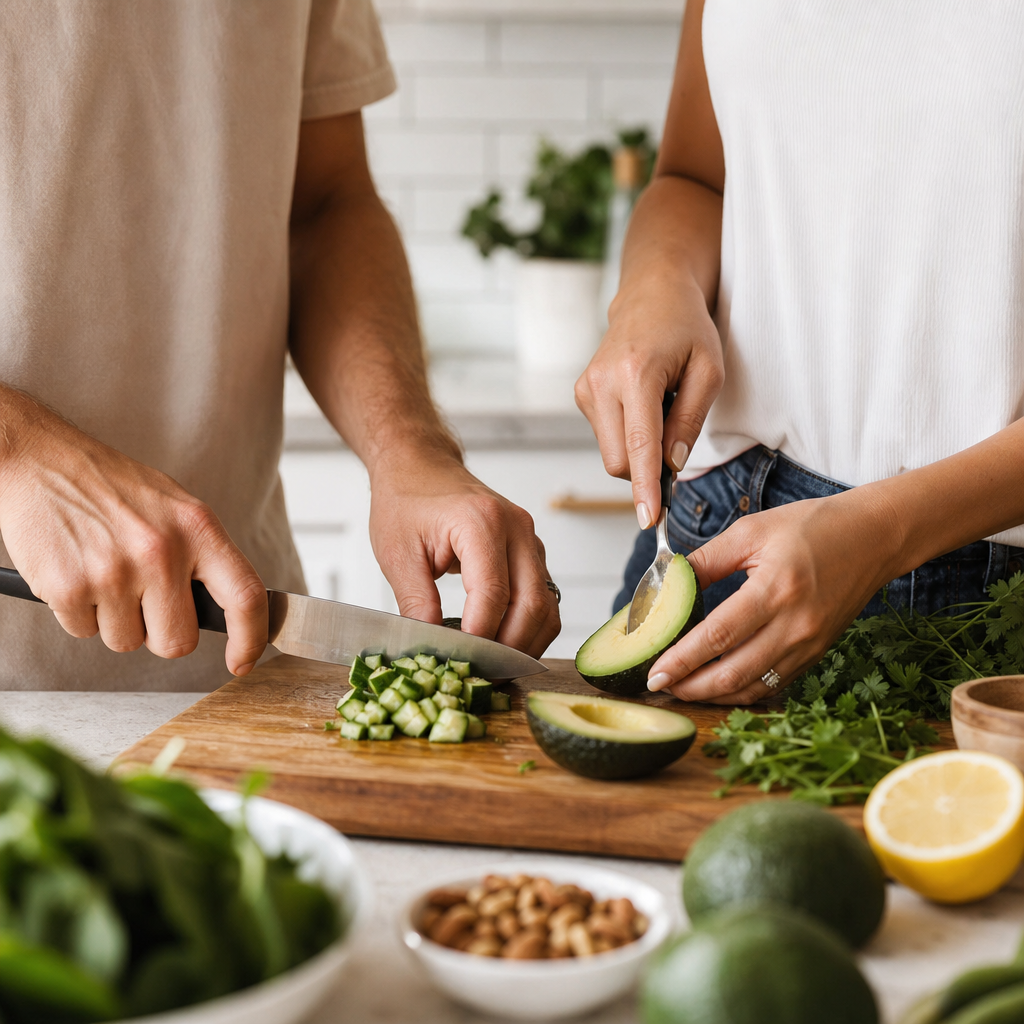 Twee personen bereiden samen verse groene groenten en avocado