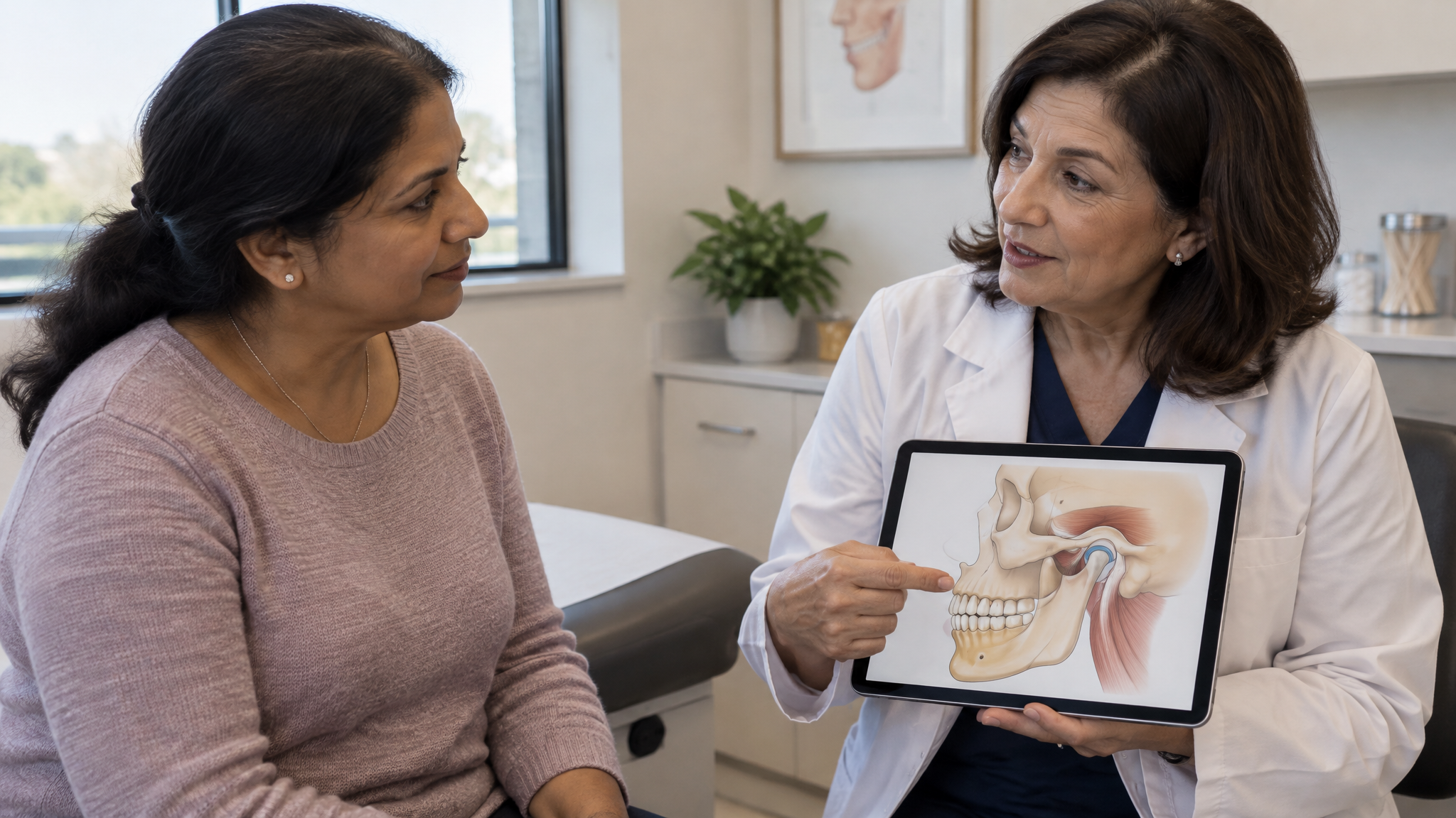A woman veteran listening as a female doctor shows her a jaw diagram on a tablet in an exam room