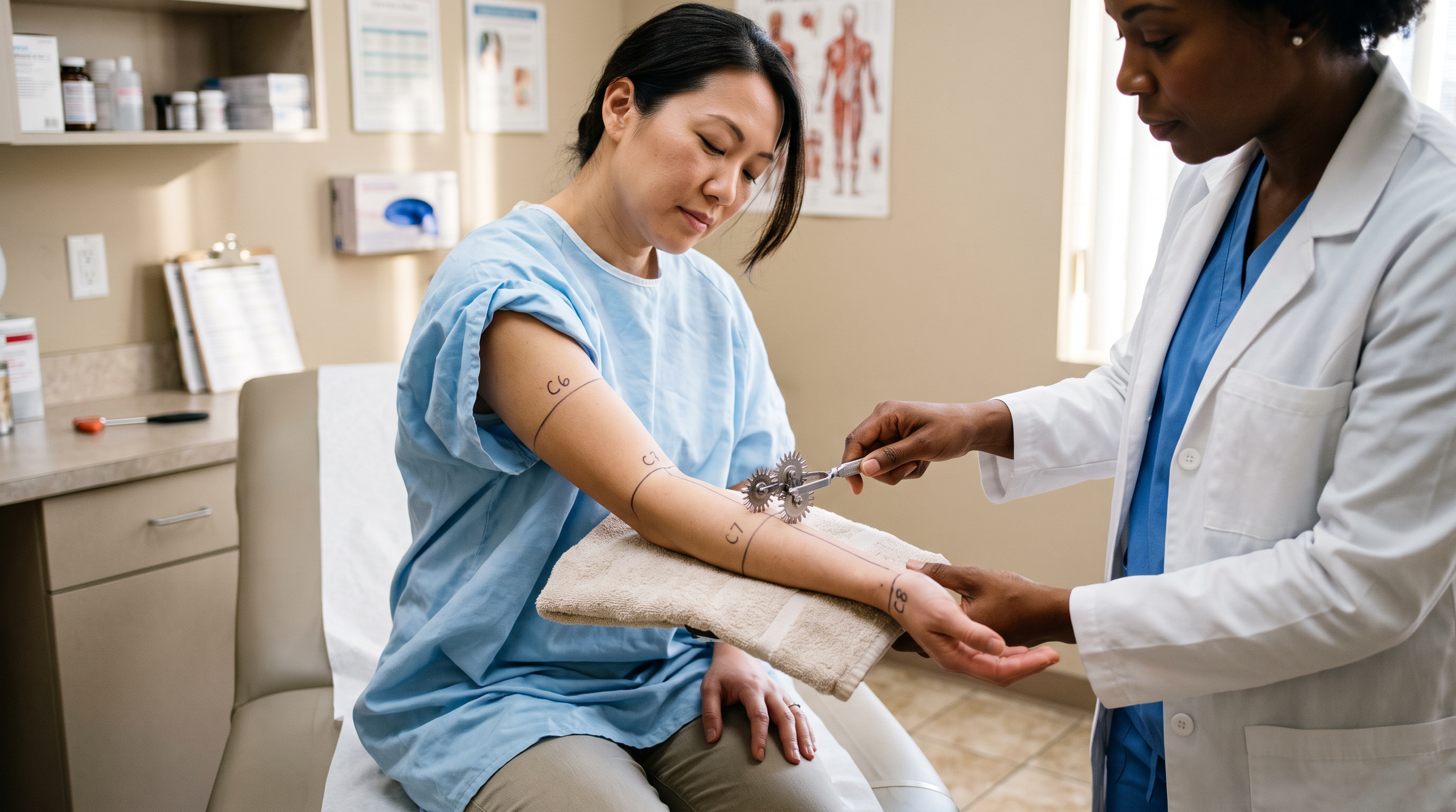 A Black clinician mapping dermatomes with a pinwheel down an Asian woman patient's arm, small C6, C7 and C8 labels marked on the forearm and hand