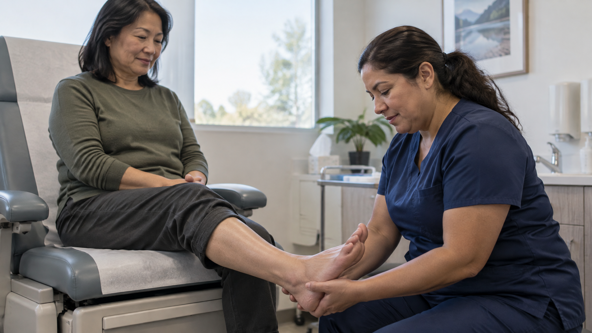 A woman podiatrist examining the arch of a woman veteran's bare foot in a clinic