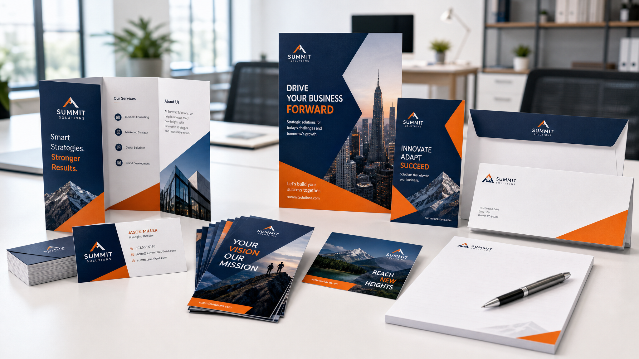 Professional print products including business cards, brochures, and flyers