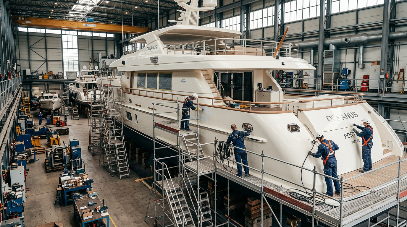 Superyacht undergoing professional refit in a shipyard dry dock