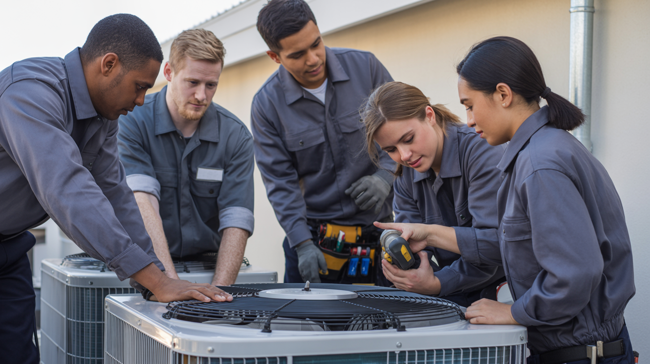 Diverse HVAC technicians collaborating on an installation