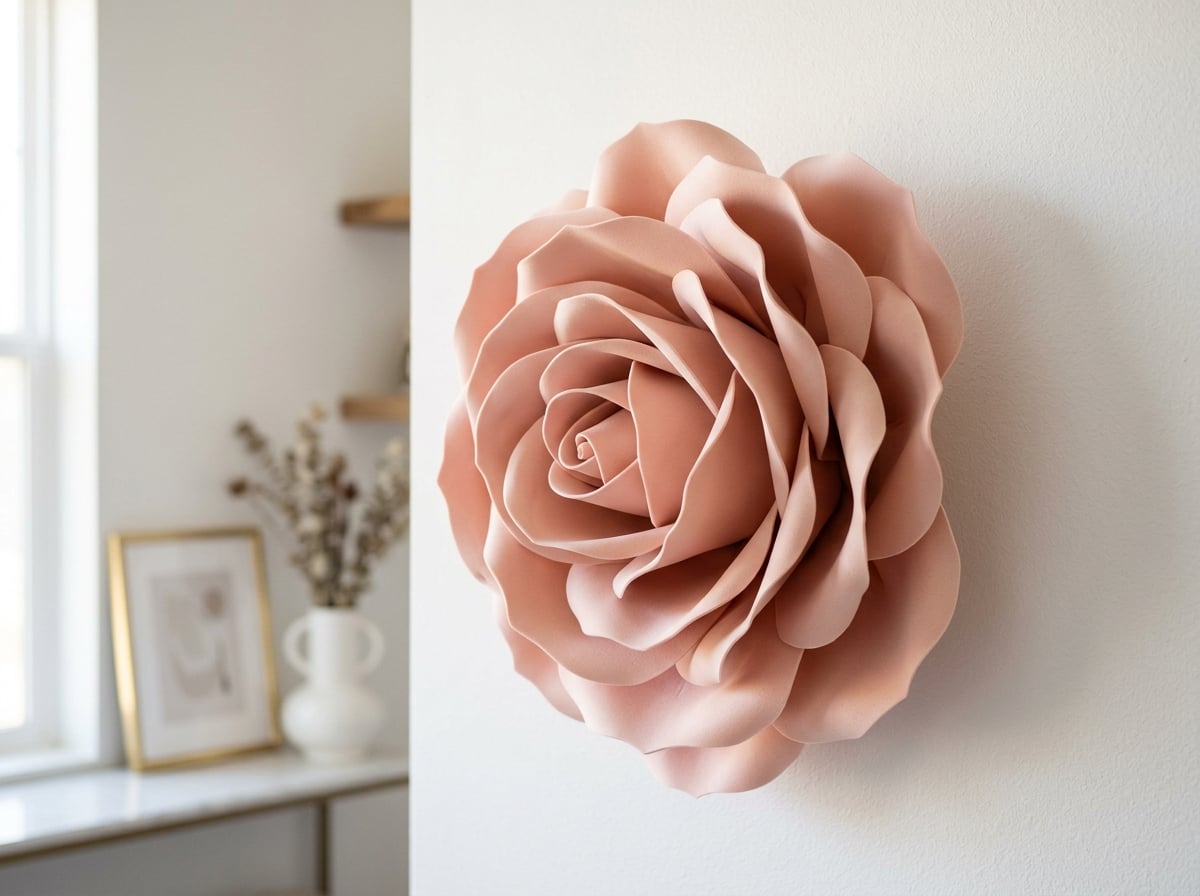 Close-up of a beautifully crafted blush pink giant EVA foam wall flower showing detailed petal texture