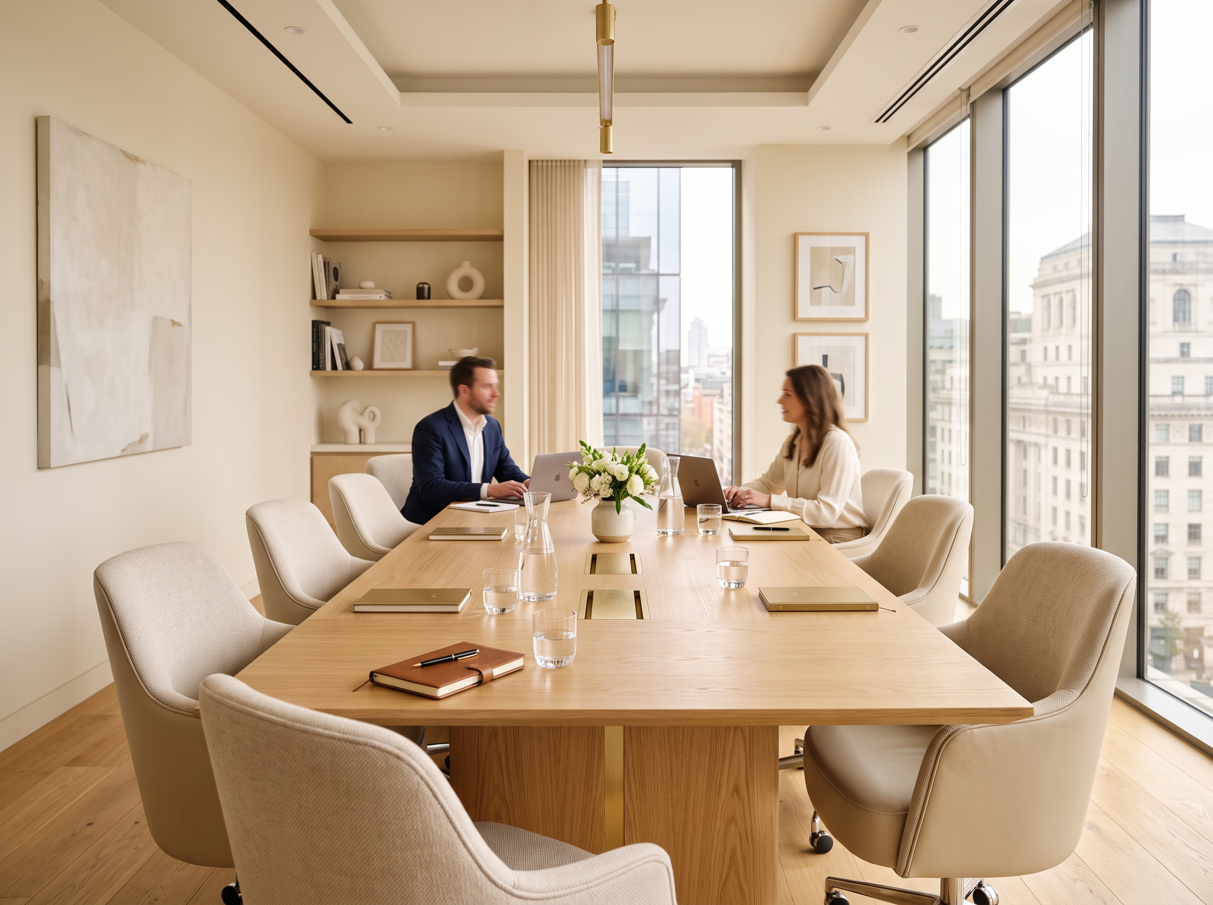 Helles, elegantes Besprechungszimmer einer Beratungsgesellschaft mit warmem Tageslicht, Holz- und Messingakzenten