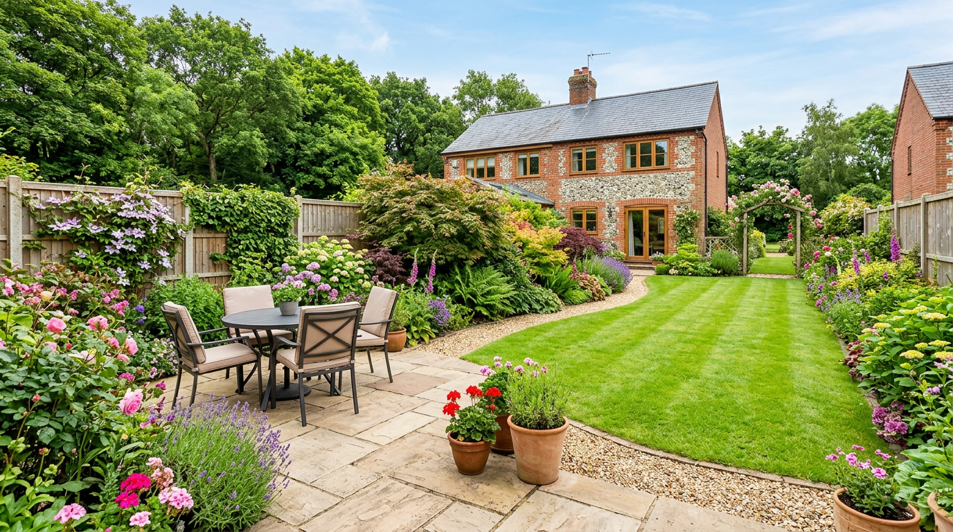 Landscaped UK back garden with lawn and stone patio