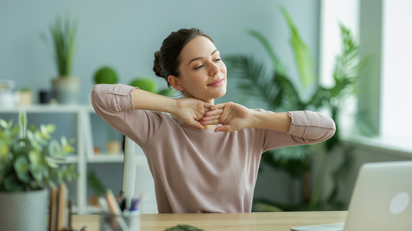 Persona haciendo estiramientos suaves en oficina moderna