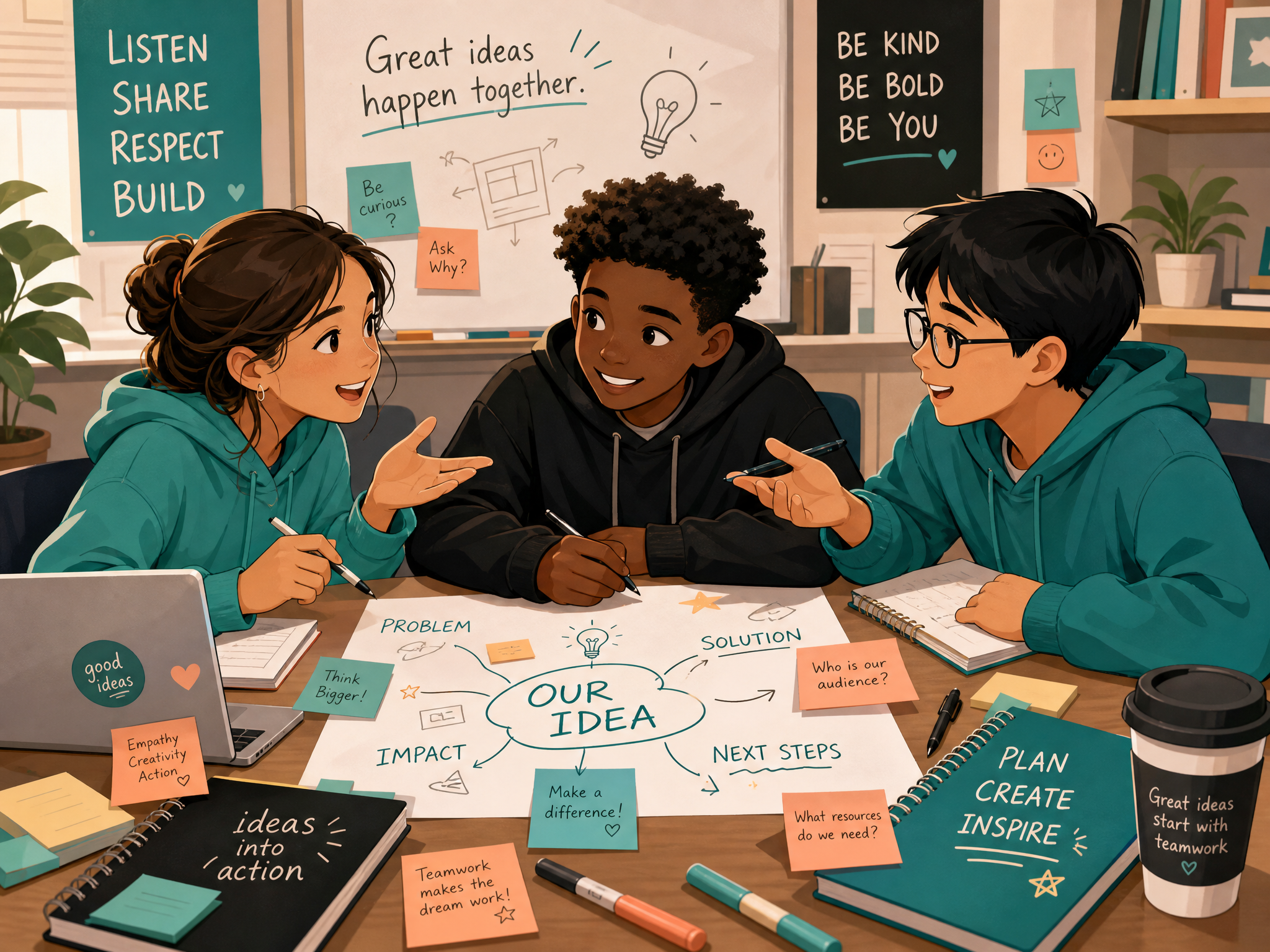 Teens collaborating and brainstorming together