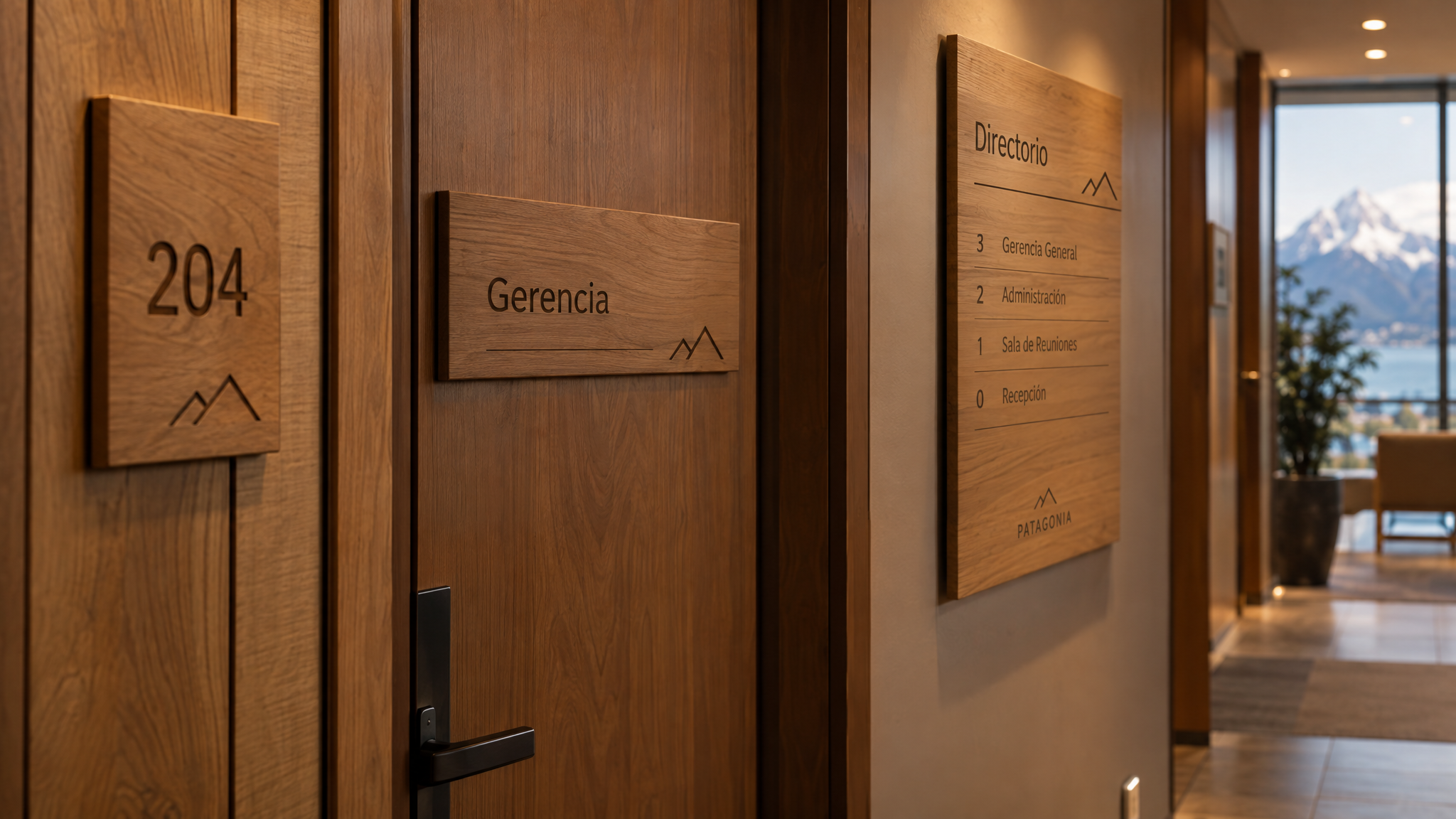 Señalética interior de madera con grabado láser para negocios
