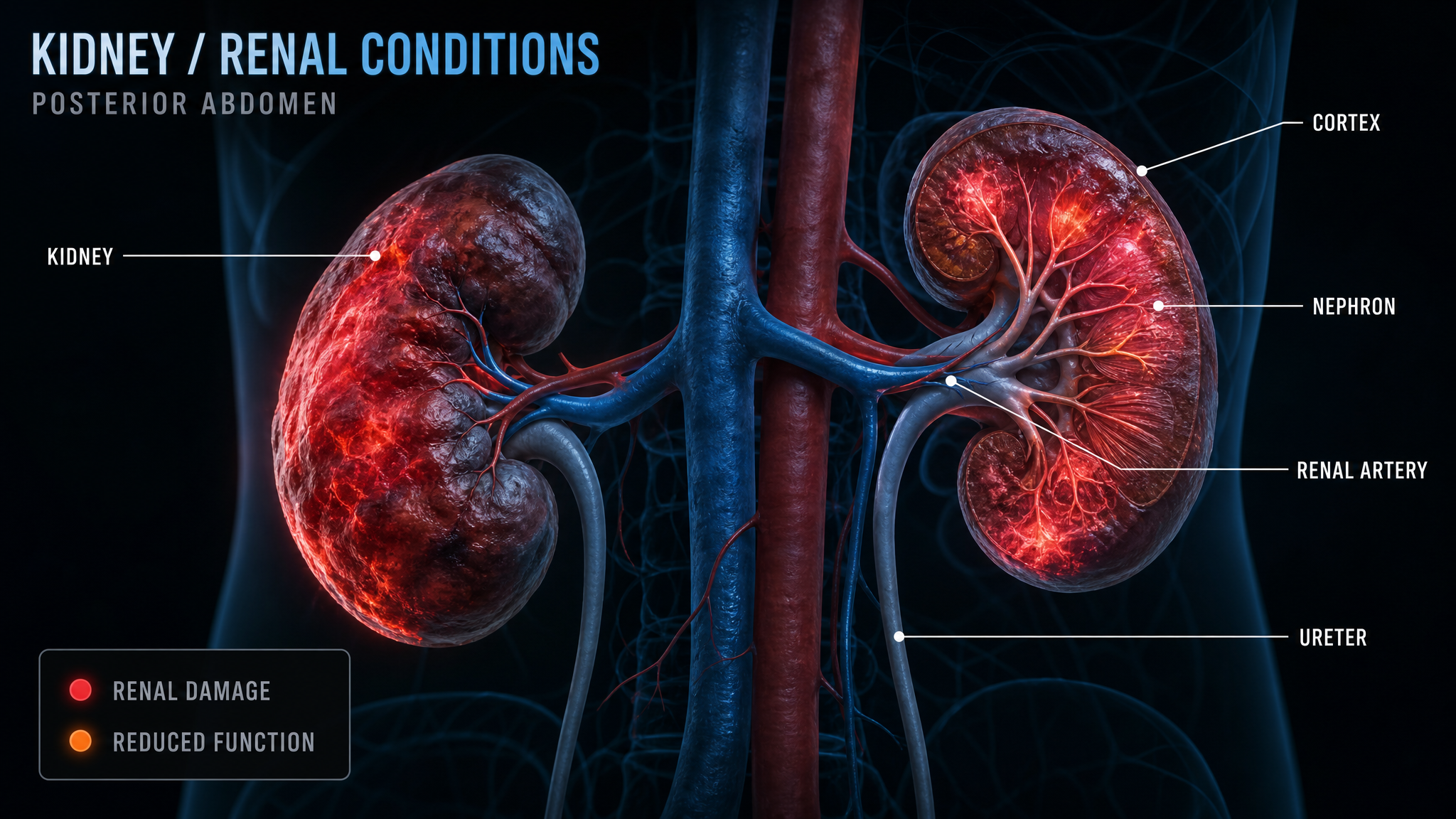 Diagram of the kidneys showing renal damage and reduced function