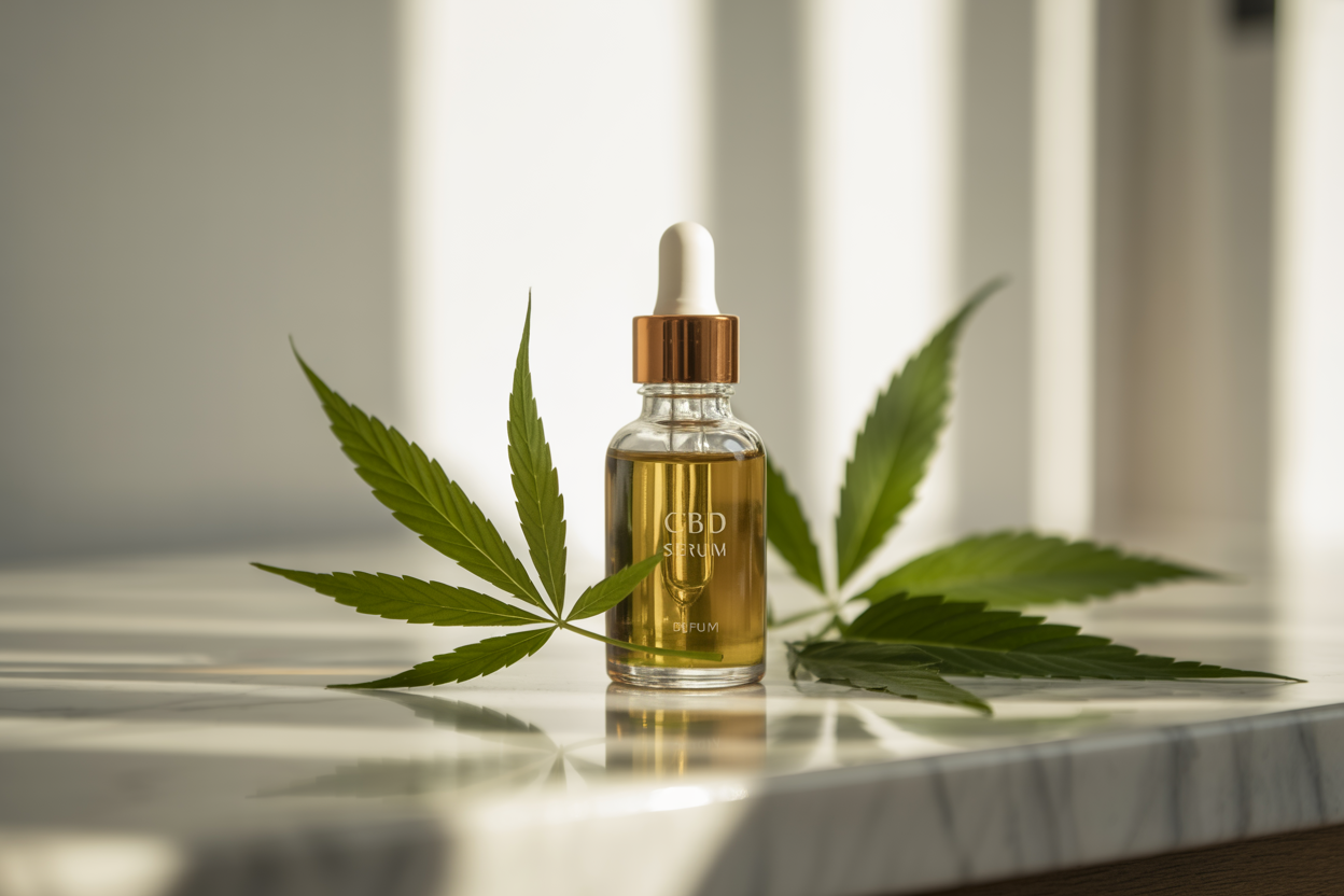 Luxurious CBD serum bottle with natural hemp leaves on marble surface