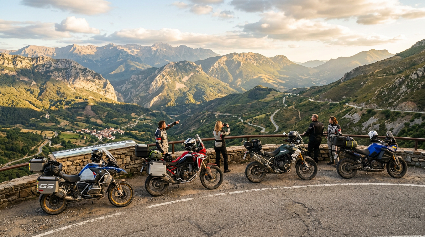Grupo de motos de aventura en mirador panorámico