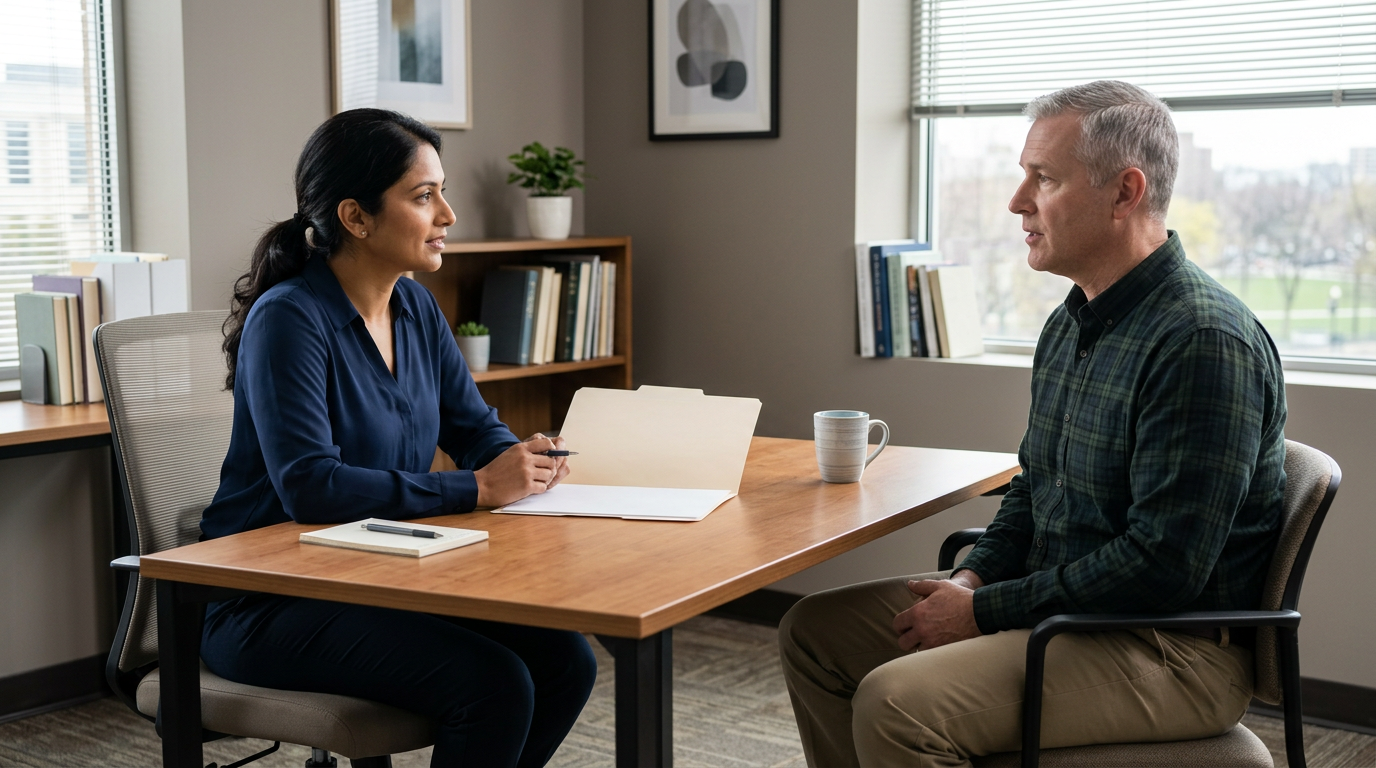 South Asian female counselor at an office desk across from a white male veteran discussing the functional impact of plantar fasciitis