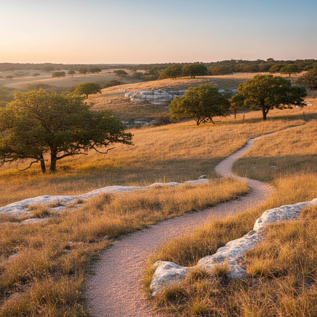 Central Texas landscape with live oaks and crushed-granite trail