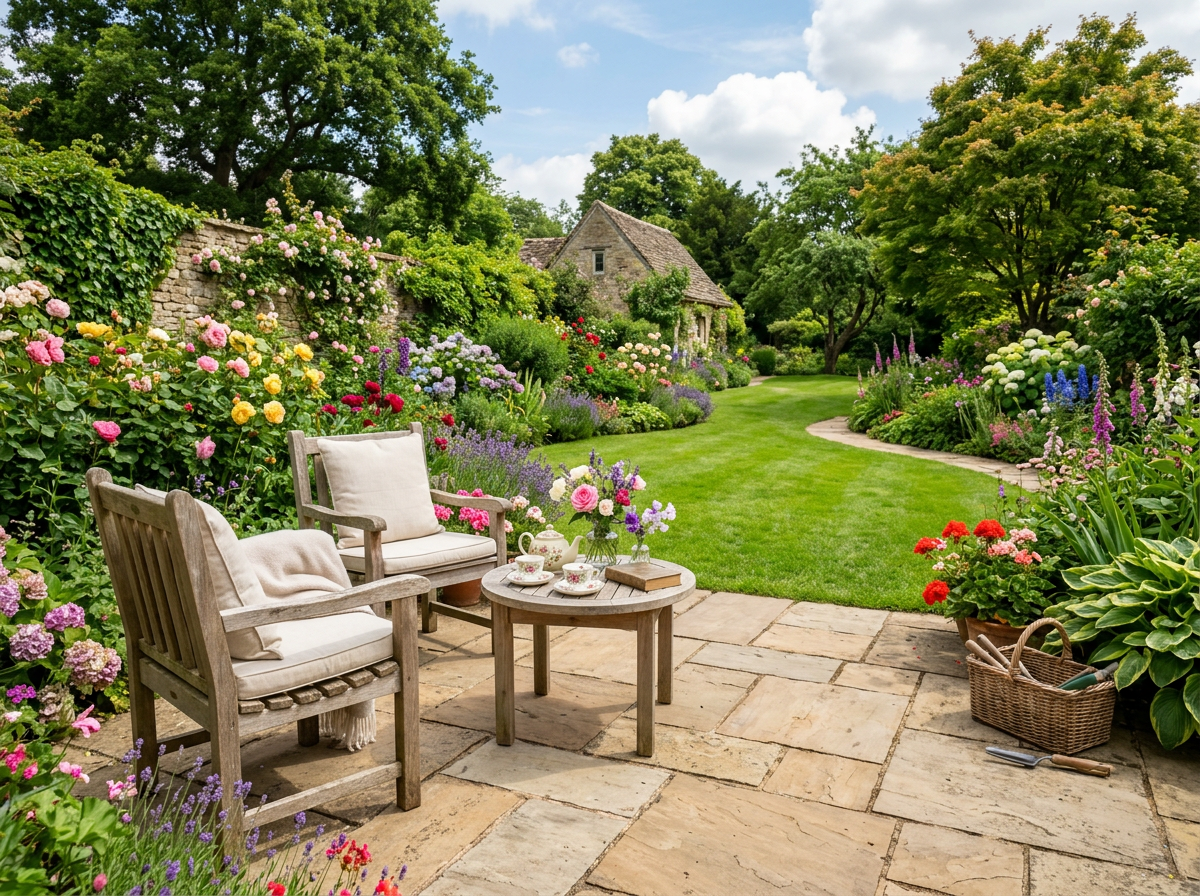 Natural stone patio with garden furniture surrounded by flowering borders